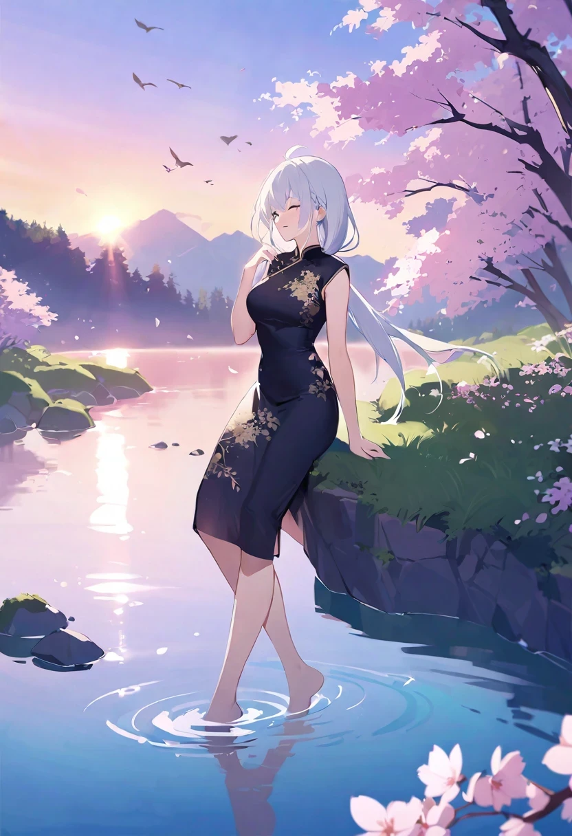 Shirakami Fubuki/(Holographic live broadcast/), top quality, ink painting style, Fresh and elegant, clear lake water, Cherry blossoms fall with the sunset,white hair, Black cheongsam golden pattern girl, Ride the flower wind to blow your head, A forest dotted with green leaves, birds singing happily, poetic scene