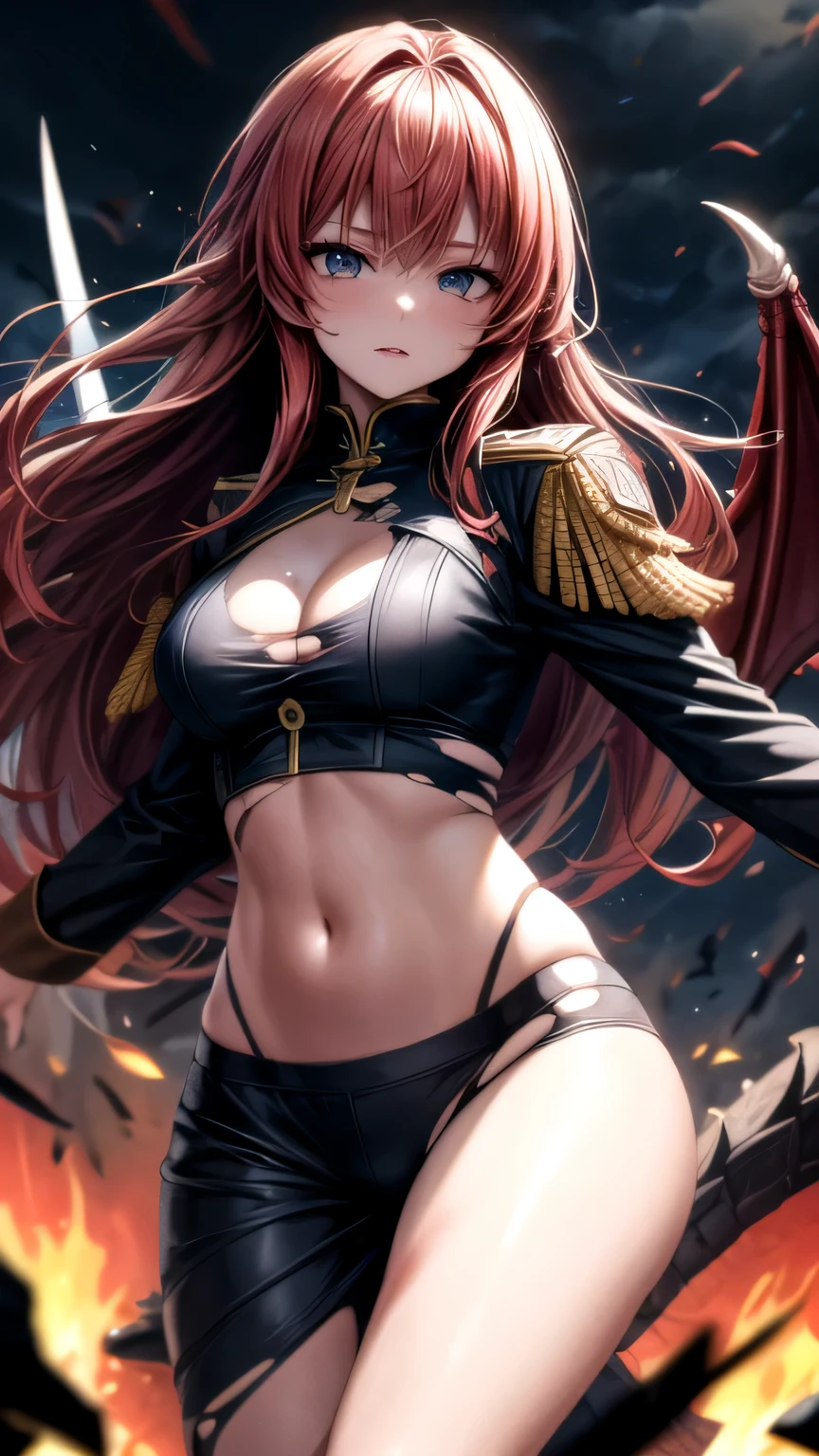 masterpiece, highest quality,1 girl,black military uniform,wide hips, redhead,long hair,floating hair, blue eyes, debris,close, walk, explosives on the background,Background Fire,sword, dragon horn,( dragon wings),dragon tail, (blood on my face),(torn clothes), Blood on clothes, scar, abdomen, parted lips, dark sky, storm,blood coming out of the eyes,embers,