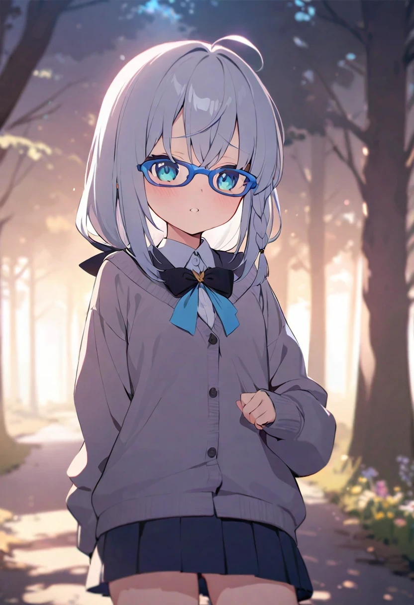 Shirakami Fubuki/(HoChangeve/),(masterpiece, best quality:1.1), Japanese cartoons, Lovely, Flower brooch, blue ribbon, alone, long sleeves, forest, best quality, with collar_shirt, Dark gray sweater, absolute_Good memories, skirt, Blue glasses, Volumetric lighting, Change
