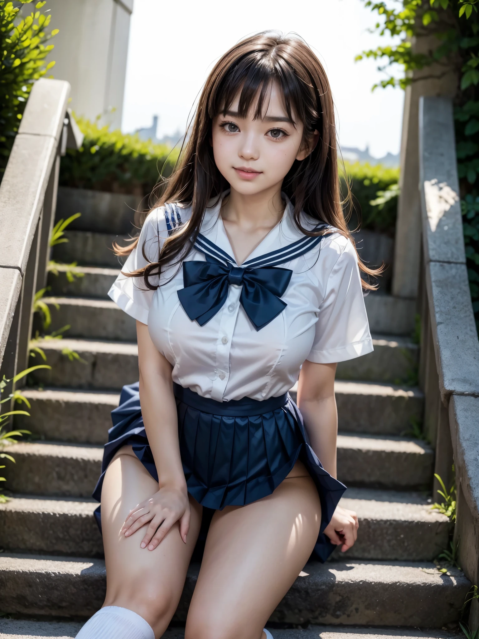 (masterpiece:1.3), (8K、photorealistic, Raw photo, best quality:1.2), (solo), (1 girl), (so beautiful:1.3), ((very beautiful 18 year old japanese girl)), (Symmetrical perfect face), (beautiful brown hair, bangs), hair is messy, (intense black eyes, strong eye highlights, realistic eyes, beautiful eyelashes), (wonderful smile, cheeks are red), (Accurate and natural normal size breasts), perfect anatomy, (high detail skin: 1.2), Photorealistic anime girl rendering, Realistic anime 3d style, dynamic angle, perfect body, (sailor suit), ((white short-sleeved shirt with a navy collar, girls high school uniform, Plain pleated skirt in dark blue, navy blue bow tie, white knee socks, black leather shoes)), (Luxury white silk bra and panties), accurate arm, five fingers, accurate legs, refreshing morning, (Beautiful Landscape Background), (Outdoor stairs in plateau tourist destination), Angle looking up from the bottom of the stairs, Very embarrassed, panic smile, turn around, leaning forward, ((The wind flipped my skirt and exposed my butt...................., think back, silk lace panties, shiny thighs)),volume lighting, soft light, bright, neon, Bright colors