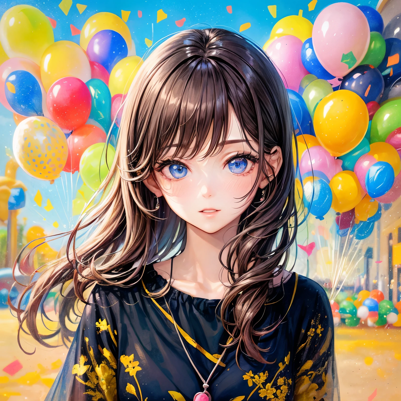 ((worst quality, low quality)), muste piece,best quality,Super detailed,masterpiece, face focus,Kemomimi beautiful girl, solo(beautiful eyes )plump lips,  (Theme park background with many balloons flying:1.2), balloon effect🎈,masterpiece,32k,