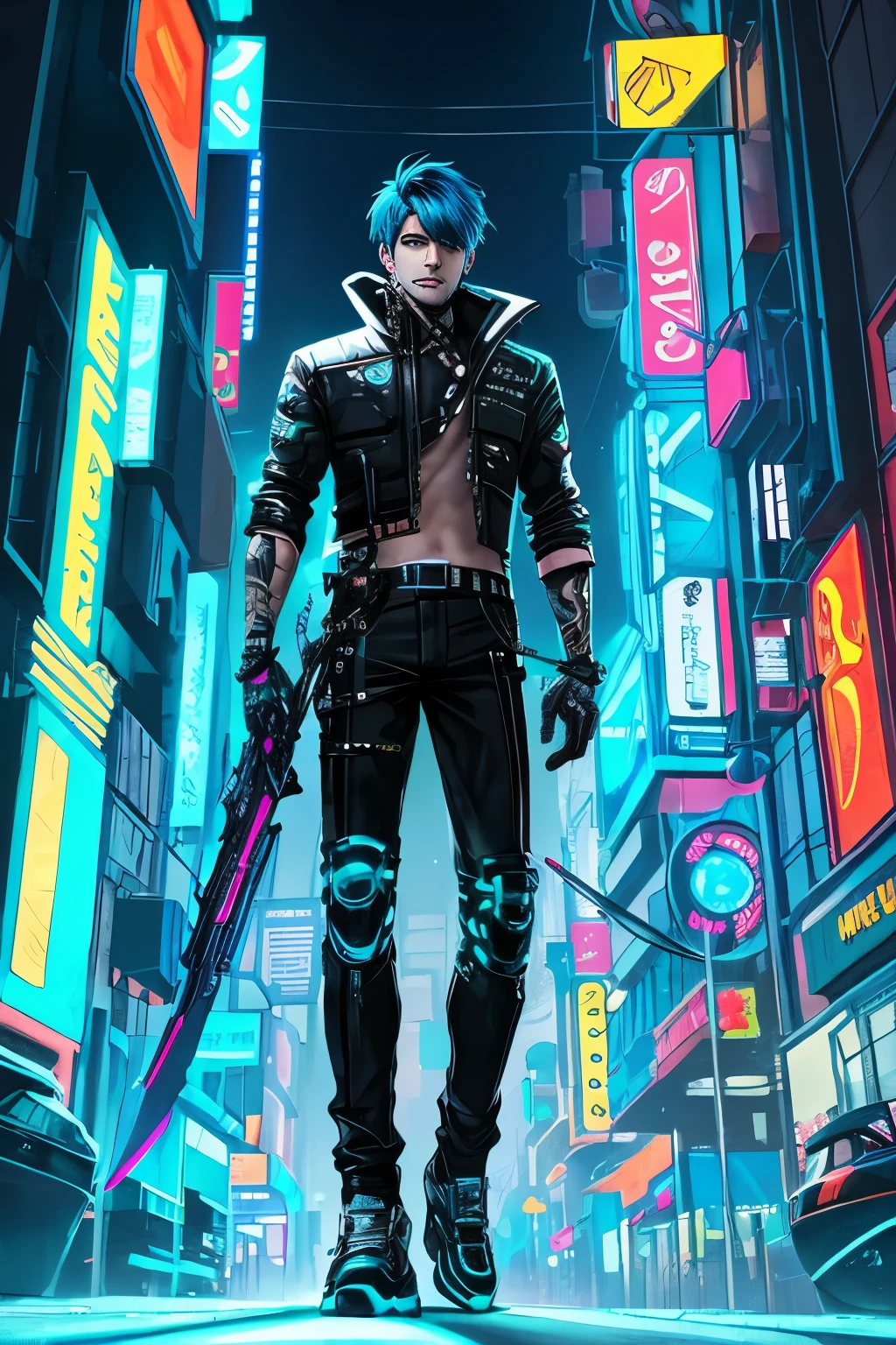 1 boy, solo, in the heart of a neon-lit city, dons a futuristic cyberpunk costume, transformed into a very beautiful and intricately detailed cyberpunk warrior. His ghost blade style, reminiscent of victngai and neon aesthetics, radiates an electrifying energy. As a tech wanderer and video game character, he embodies synthwave imagery, captivating all with his cyberpunk allure.
Basking in the concept art neon glow, his eyes, full of life and beauty, shine with detailed and expressive eyes, featuring bright pupils that sparkle under cinematic lighting. From the back, the
