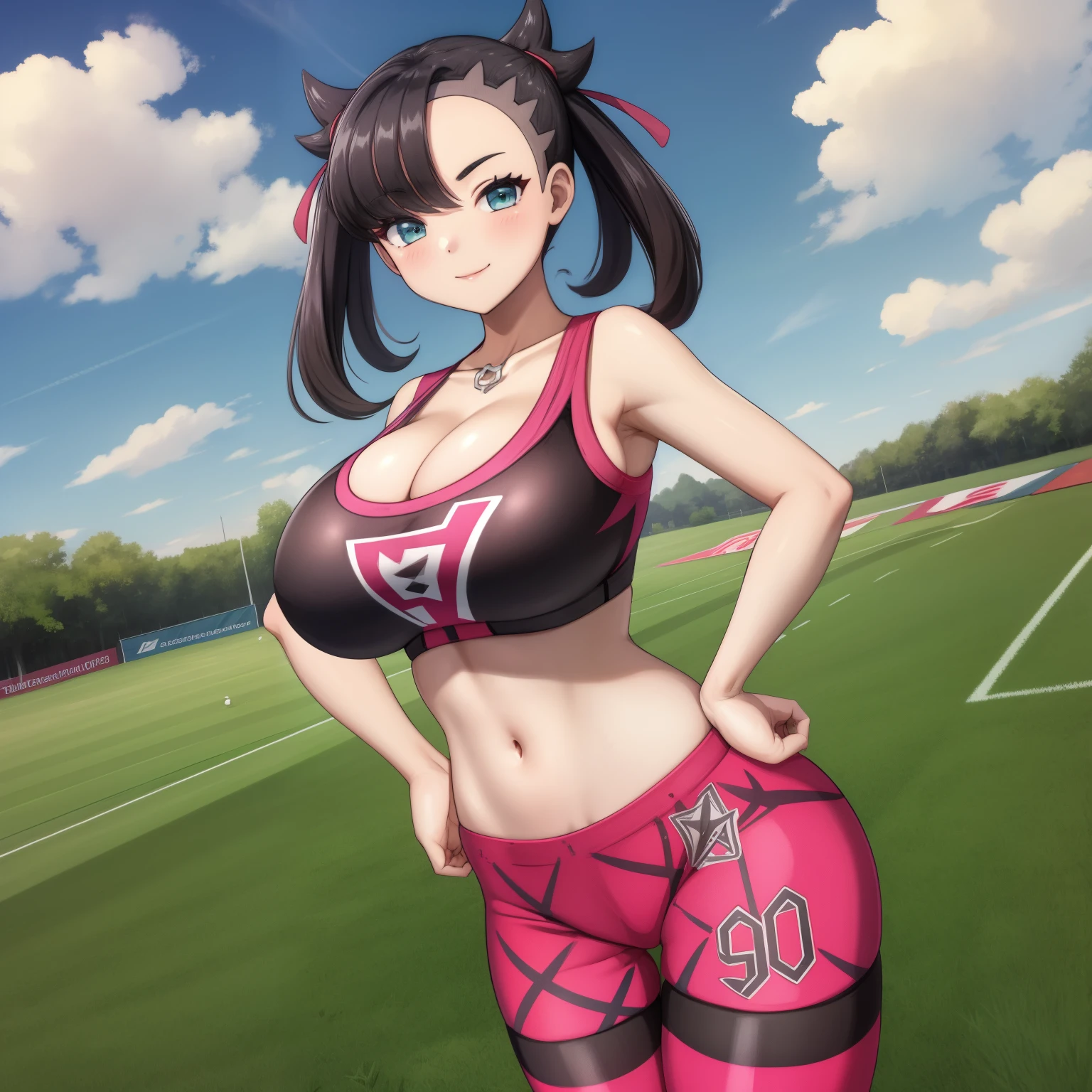 Highly detailed, High Quality, Masterpiece, beautiful, 1girl, solo,  cowboy shot, light smile, striped thighhighs, marnie_(pokemon), outside, field, clouds, grass, looking at viewer, hands on hips, large breasts, sports bra, yoga pants, sexy, wide hips, cleavage