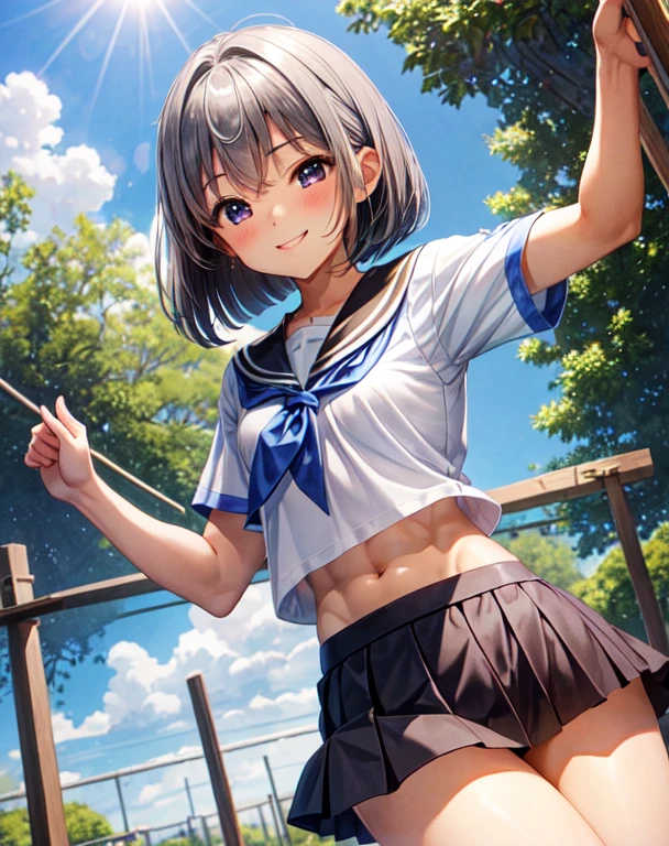 、美girl、beautiful woman、cute、brown skin、low length、Ｅcup、muscular、biceps、abs、Hamstring、Short-sleeved shirt、bluish black skirt、short skirt、silver long bob、length to shoulder、school playground、blue sky、beautiful sun、are having fun、face is young、girl、beautiful breasts、smile、Innocent、Because it&#39;s small、delicate、slender big breastuscular、thick thighs、abs