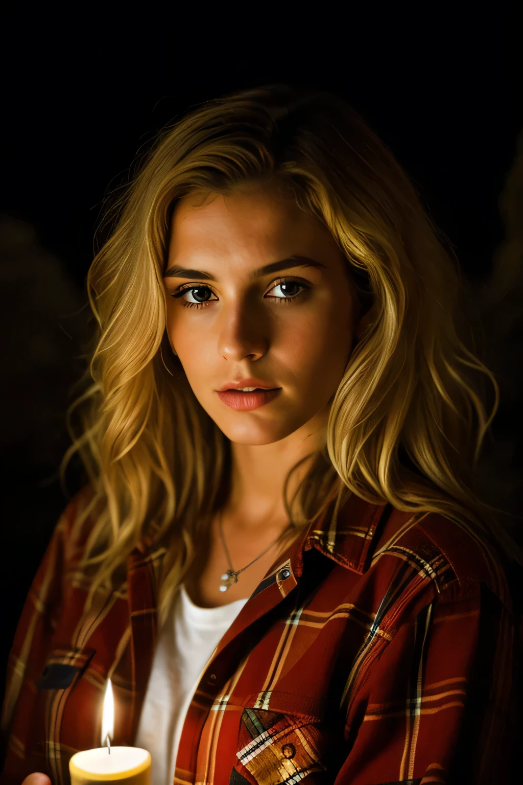 Photograph of a woman, (worried expression), textured leather, goosebumps, blonde with afro hair, plaid flannel shirt with distressed boyfriend jeans, cowboy shot, a dark and mysterious cave with unique rock formations and hidden wonders, Perfect eyes, (by candlelight,chiaroscuro), Holder for 160 flowers., filmed on ARRI ALEXA 65, hips, sharp focus on the subject, shot by Don McCullin