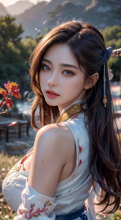 (RAW photos, best quality), (realistic, Photo Realism: 1.3), Extremely Refined and Beautiful, Amazing, Fine Detail, Masterpiece, Ultra Detail, High Resolution, (Best Illustration), (Best Shadow), Intricate, (in a crimson gold Chinese dragon, surrounded by gold dust, black flowers, trees, petals, wind, God, long wavy body, fangs, fantasy, mythology, high quality, highly detailed, masterpiece, epic, particle effects, dynamic effects,  clouds, storms, mountains, sunsets, clear focus, volumetric fog, 8k Ultra HD, DSLR, High quality, (Film grain: 1.4), Official Art, Unity 8K wallpaper, Ultra detailed, Beautiful and beautiful, Best quality, (Zen entanglement, tangled, entangled), (fractal art: 1.4), 1 girl, brunette hair, Chinese, bare shoulders, short skirt, calf, navel, very detailed, dynamic angle, denim lens, (most beautiful chaotic shape), flow, (bright colors), OC, (half: 1.2), china, (tape: 1.3), (Dream: 1.5), (Hanfu: 1.5), Chinese Dragon, (Smile: 0.5), (Chinese God), Realistic, Ultra High Resolution, Complex, Ultra Detailed, (Skin Dents), Female, Detailed Body, (Detailed Face: 1.1), (Contoured Iris), (Watercolor Lenses), (Perfect Eyes), 4K, Gorgeous, (Masterpiece: 1.2), (Best Quality: 1.2), Wide Buttocks, Thick Thighs, (Big breast : 1.2) , Debauchery, Seductive pose. 