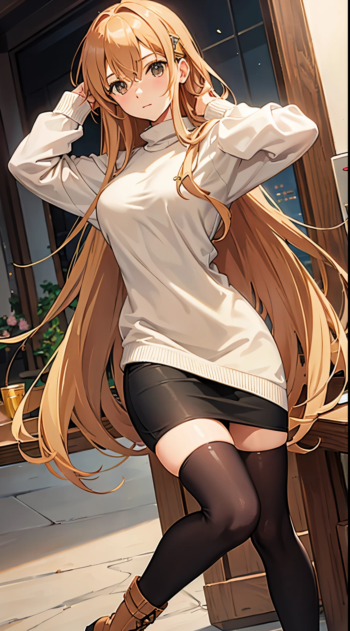 (Best quality, 8k, ultra high res, absurdes:1.2), ( 1girl, beautiful face, beautiful body, aaasuna, long hair, brown hair, braid, brown eyes, Adult, mature, shy, blush), (Bedroom, sitting on bed, white oversized hoodie, short black short, transparent leggings), (noon, warm lights, facing back, camera from back)