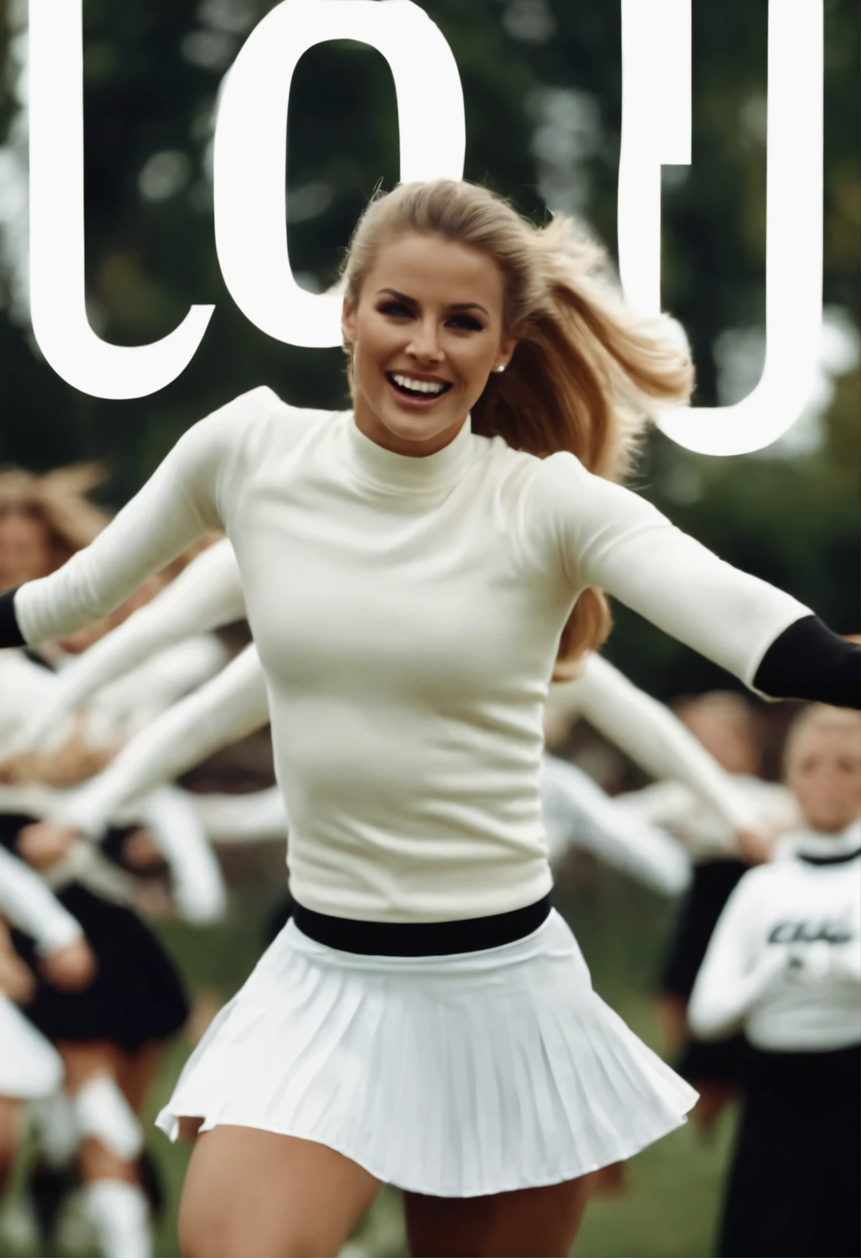 gorgeous lady cheerleaders in white tight turtlenecks with "CDL" lettering and short pleated skirts, flailing wildly as they tumble through the air a father