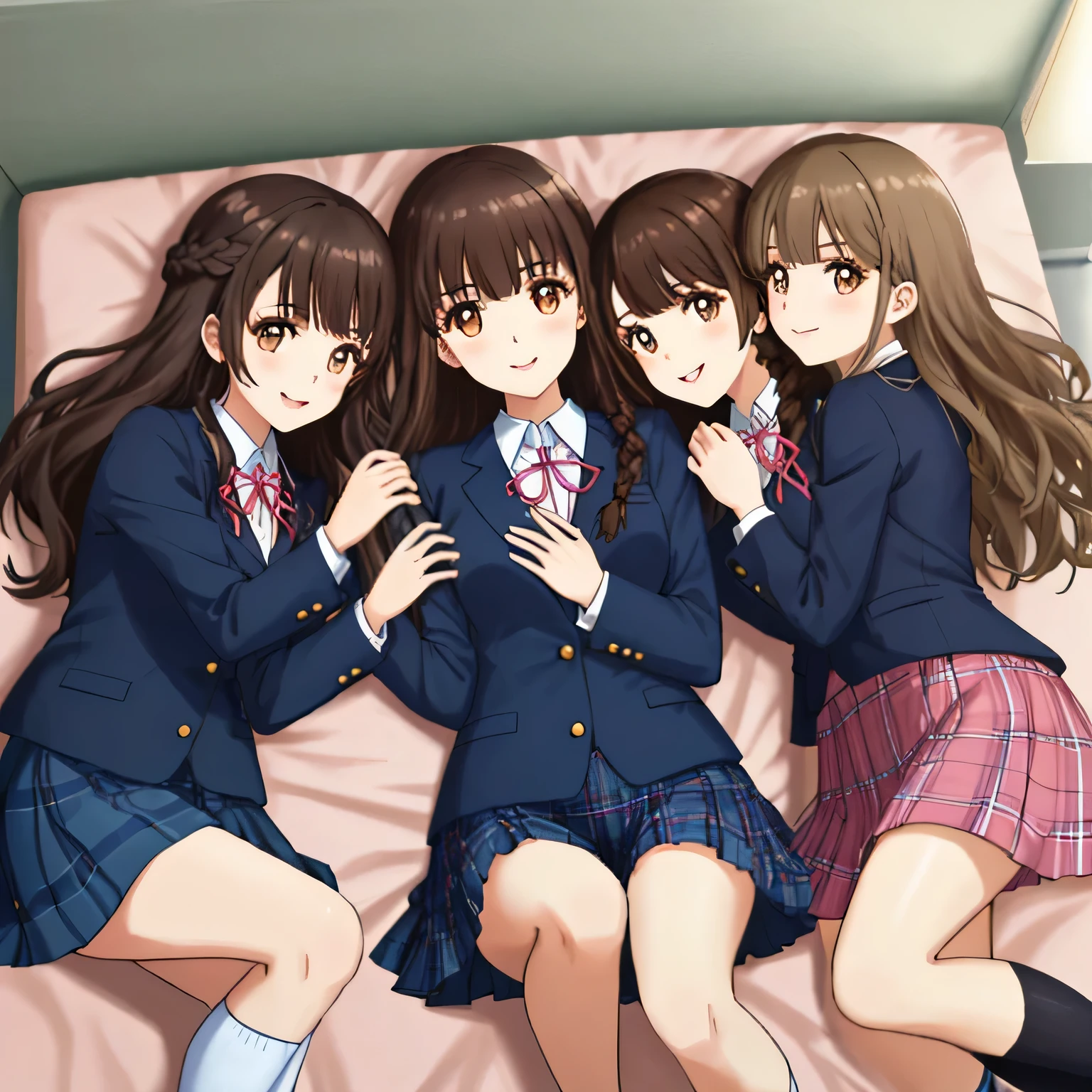 highest quality, (masterpiece:1.2), very detailed, Four girls looking at the viewer and smiling, Glossy lips that make you want to kiss, nice smile, brown eyes, (((dark brown hair))), , shiny long wavy hair, school uniform, Dark blue and navy plaid skirt, middle long skirt, white shirt, Luxurious navy blazer with a golden patch on the left chest, big school ribbon tie, very shiny hair、laughter、bright look、Your face and hair shine in the light, The corners of the eyes are drooping, Cute braids, I&#39;m so happy I can jump up, The expression of a maiden in love, (((wavy hair))), The long skirt fabric has a beautiful deep blue checkered pattern.., A gentle and cute expression staring at the viewer, double eyelid, ((long eyelashey lower eyelashes are also long)) ((Thighs and knees are hidden by the skirt)), ((Lying on the finest pink bed)),white socks, I can see all the way to my legs