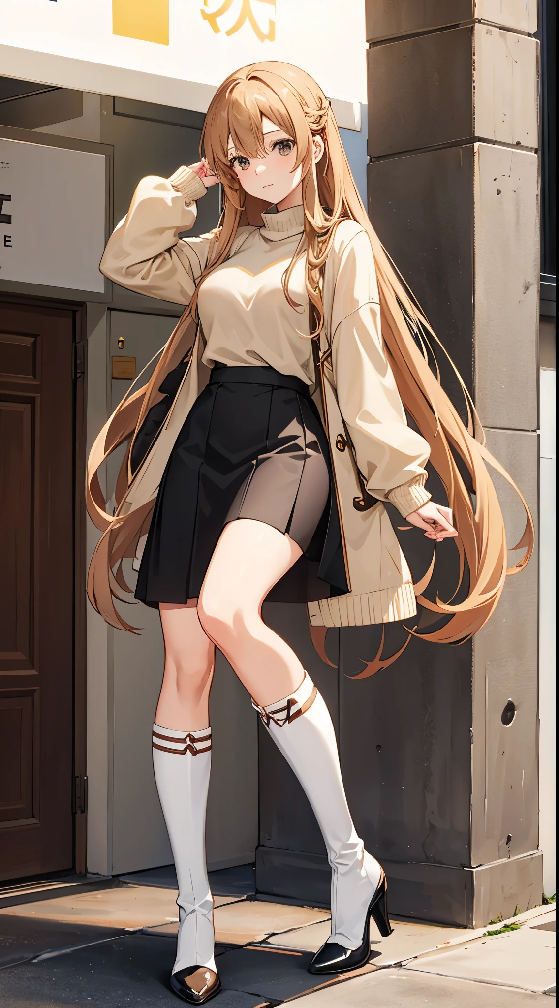 Asuna from Sword Art Online wearing a light brown sweater, a black skirt and high heel boots
