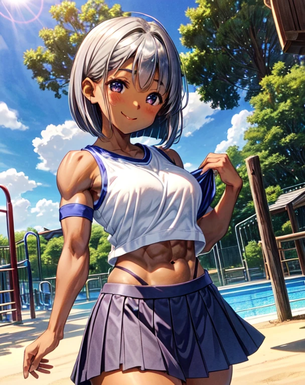 、美girl、beautiful woman、cute、brown skin、low length、Ｅcup、muscular、biceps、abs、Hamstring、Short-sleeved shirt、bluish black skirt、short skirt、silver hair、long bob、length to shoulder、school playground、blue sky、beautiful sun、are having fun、face is young、girl、beautiful breasts、smile、Innocent、Because it&#39;s small、delicate、スレンダーbig breasts、muscular、thick thighs、abs、brown skin、dark skin、sunburn、big breasts、thighs with muscleuscularな太もも、muscularなふくらはぎ