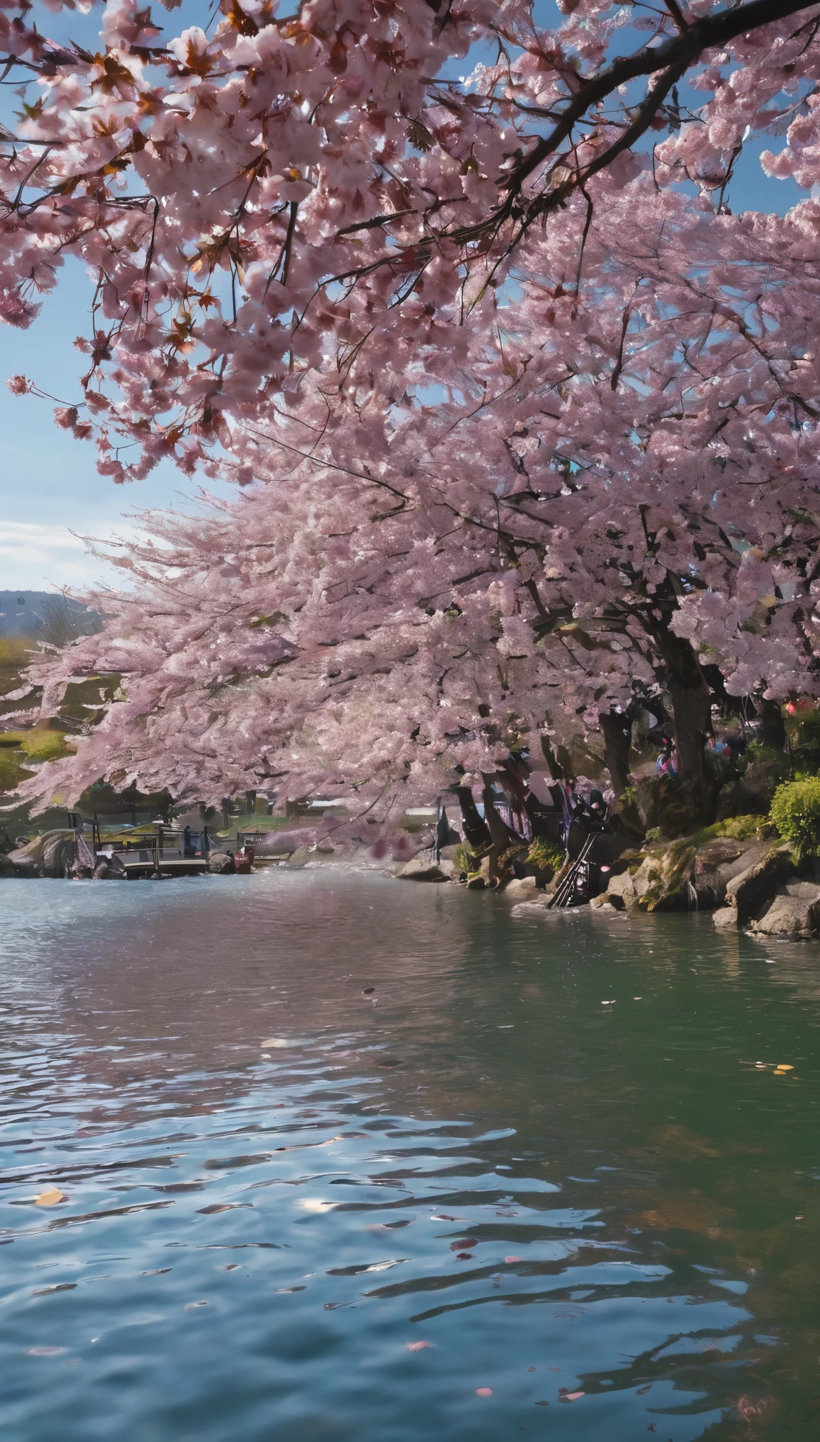 ((close-up perspective)),(best quality, masterpiece), spring,in nature,Cherry Blossom Tree Sea,lake,((远景环lake有很多茂盛的粉色樱花树)),Close-up of cherry blossoms,Pink petals fall on the water,outdoor,Sunlight,((depth of field)),((Super detailed cherry blossoms)), ((Ultra high detail petals)),32K resolution。(((no humans))),(((There are no houses)))((((no buildings))))high details, high quality, super detail, UHD, masterpiece, ccurate, best quality