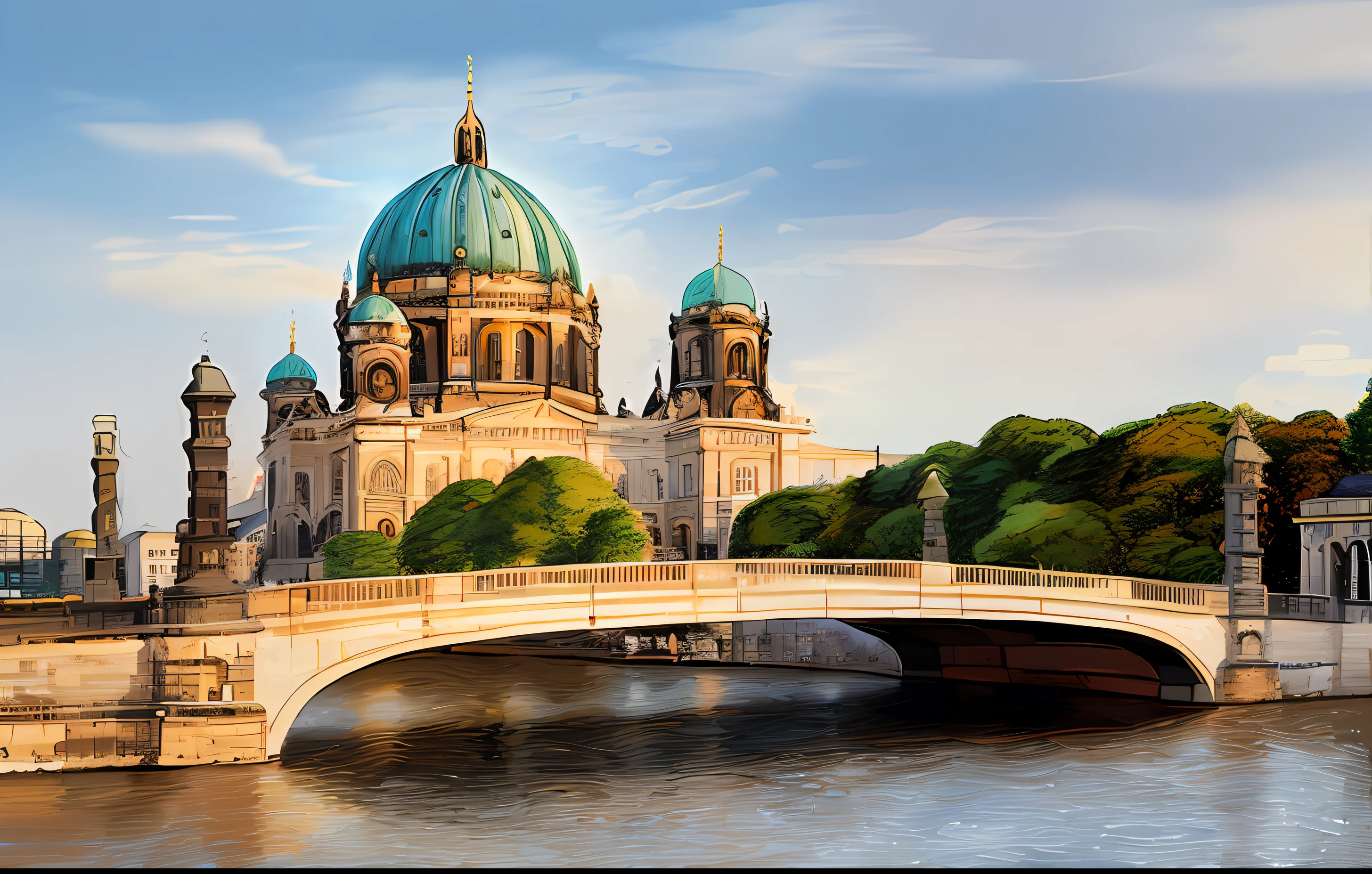 There is a bridge over a river with a building in the background, Cidade de Berlin, with large domes and arches, Berlin, Allemand, Dans une ville avec une histoire riche, Allemagne, Allemagne. Peindre et dessiner, cadre pixel art, animated