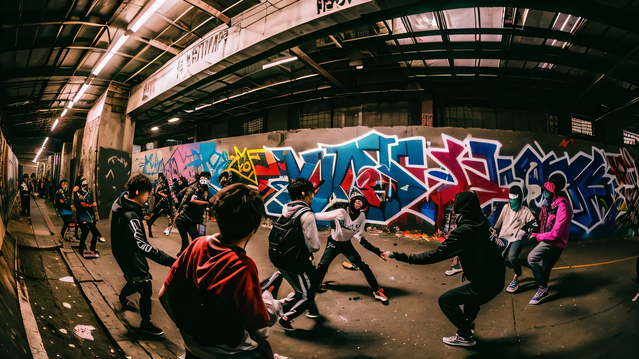 large group of young people fighting with each other、Street fashion、Warehouse at night、graffitied wall、scary expression、elation、genuine