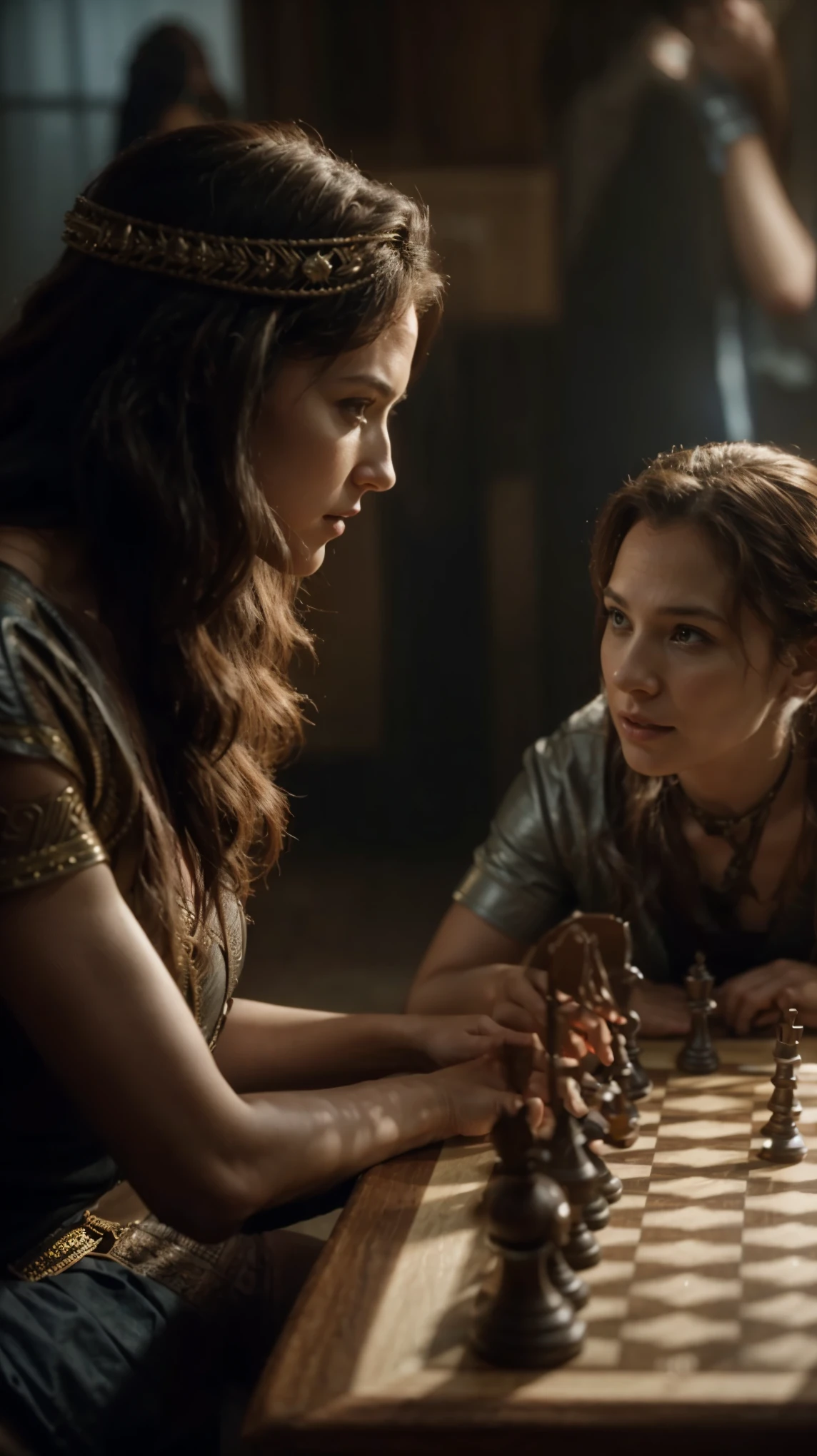 a woman and a boy playing chess in a dark room, playing chess, chess game, still from a live action movie, film still of gal gadot, still from a fantasy movie, still from loki ( 2 0 2 1 ), film still from god of war, screenshot from a movie, scene from dune 2 0 2 1 movie, !!playing chess!!