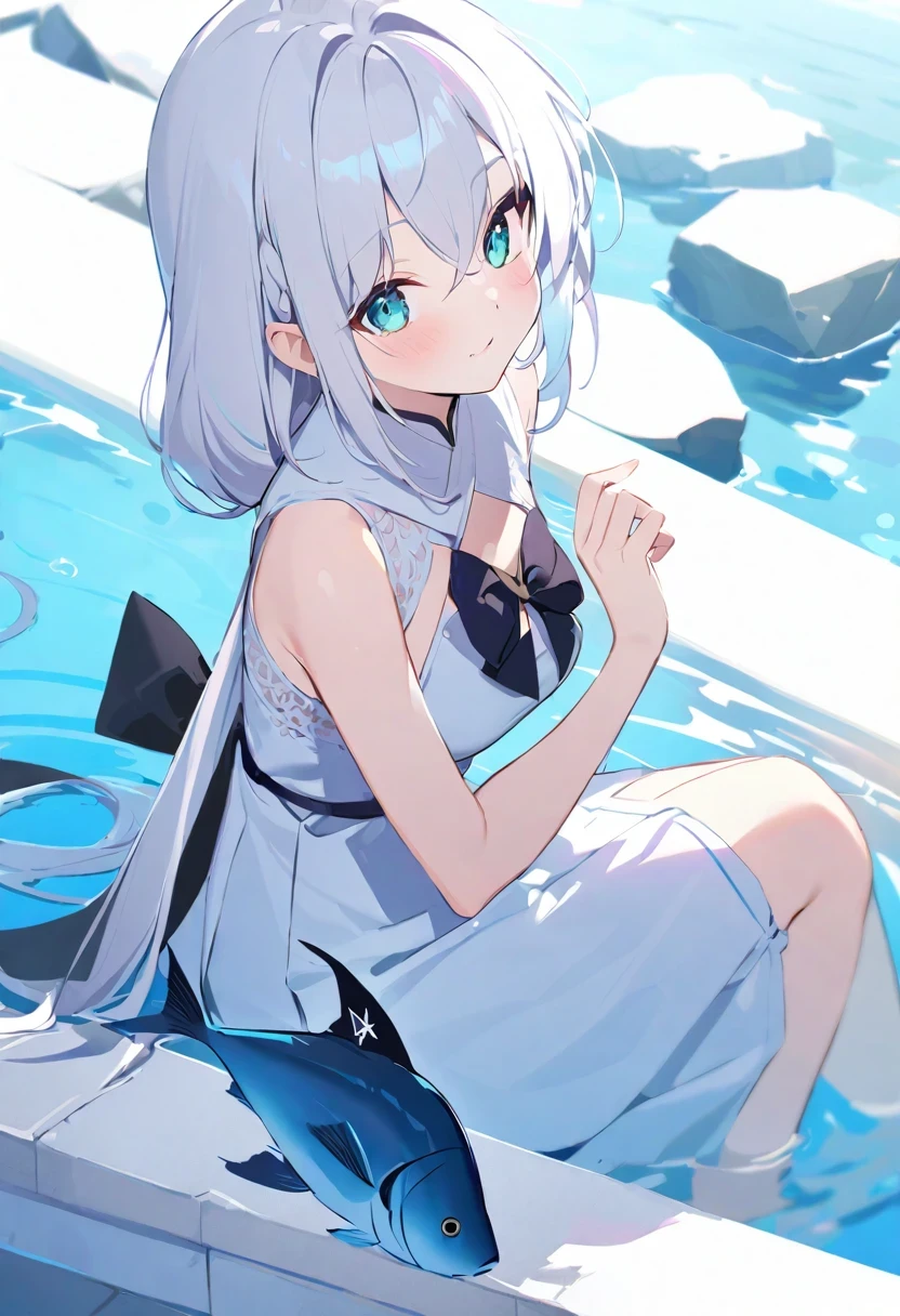 Shirakami Fubuki/(Holographic live broadcast/), [(White background:1.5)::5], medium shot, whole body, Chinese style, flowers,((fish)),stone fragments, Beautiful and delicate water,pool,