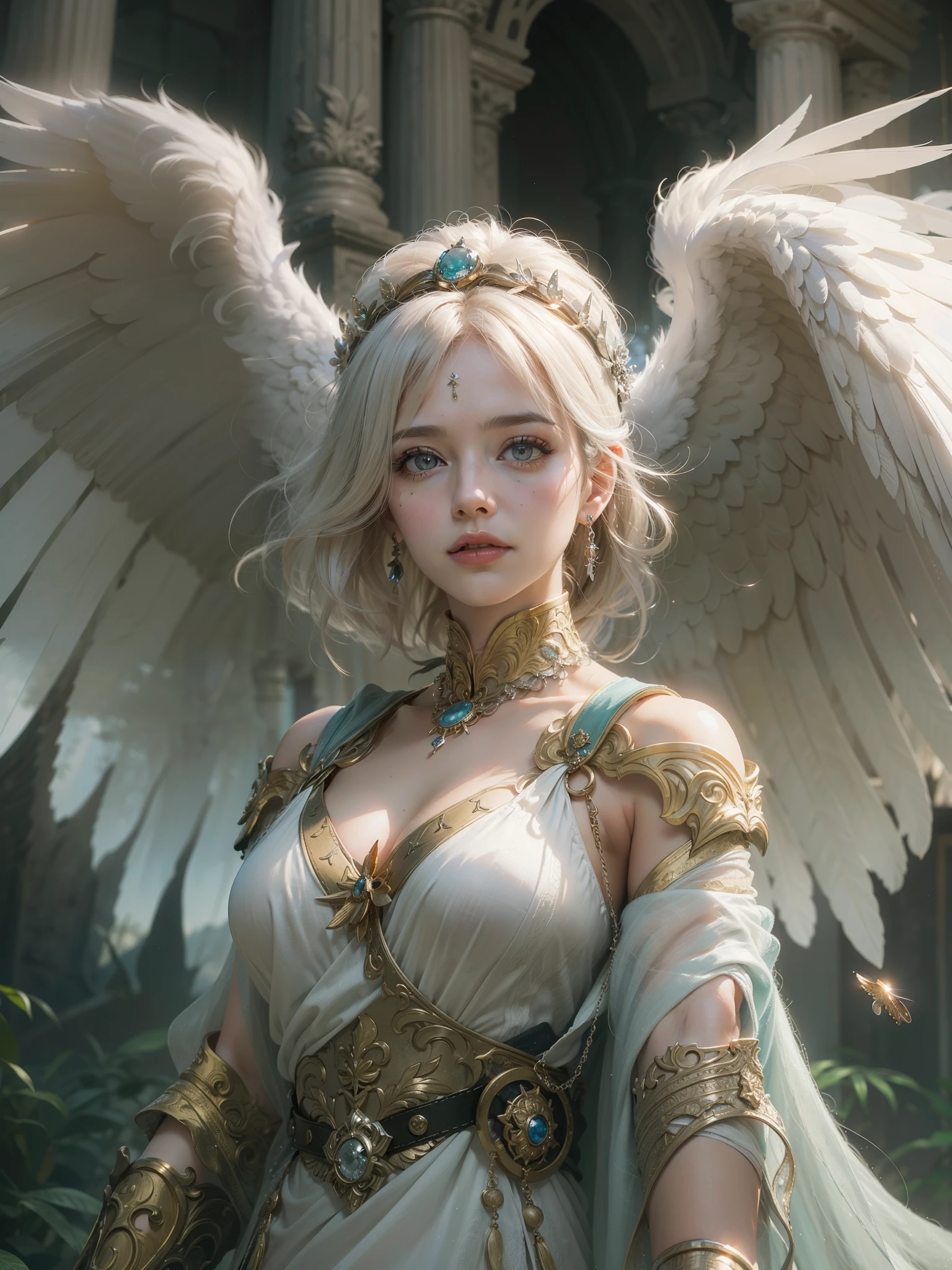 (Number of award-winning masterpieces々, incredibly detailed, Texture and maximum detail), ((Full body standing image)), (hyper realistic:1.4), (realistic:1.3), (upper body up:0.3), (Highest quality realistic textured skin), (Precise, perfect circles, beautifully drawn symmetrical eyes,) (Ring of divine radiance overhead:1.5), ((medieval world)), ((((black angel of the lord, white angel of the lord)))), ((full body portrait)), (beautiful and gentle eyes), (she has a mischievous smile on her face), (Beautiful colored eyes full of compassion), Shining majestic clouds and sky, (halo optical phenomenon), (angels dancing in the background), (dramatic light), (majestic sight), (Her gentle and gentle expression is so beautiful), ((Big wing old wing with pure white feathers behind the shoulders))), glass earrings in the ears, (((dramatic photos))), (twilight), (sunset), (evening), (sacred pose), (golden hair), (silver hair), (chestnut hair), short cut hair, ((look up)), ((look down)), ((gives Full body standing image)), (Around her neck is an elaborately crafted necklace.), Old ruins overgrown with plants, great temple, Cathedral, temple ruins, detached temple, (Shining magic circle), ruins of an ancient castle, desolate ruins, crumbling ruins, Ancient ruins with clear water flowing through it, wavelet, water flowing, holy light, epic realistic, ((neutral color)), (HDR:1.5), (calm colors:1.2), very detailed, cinematic, warm light, dramatic light, (intricate details:1.1), complex background,