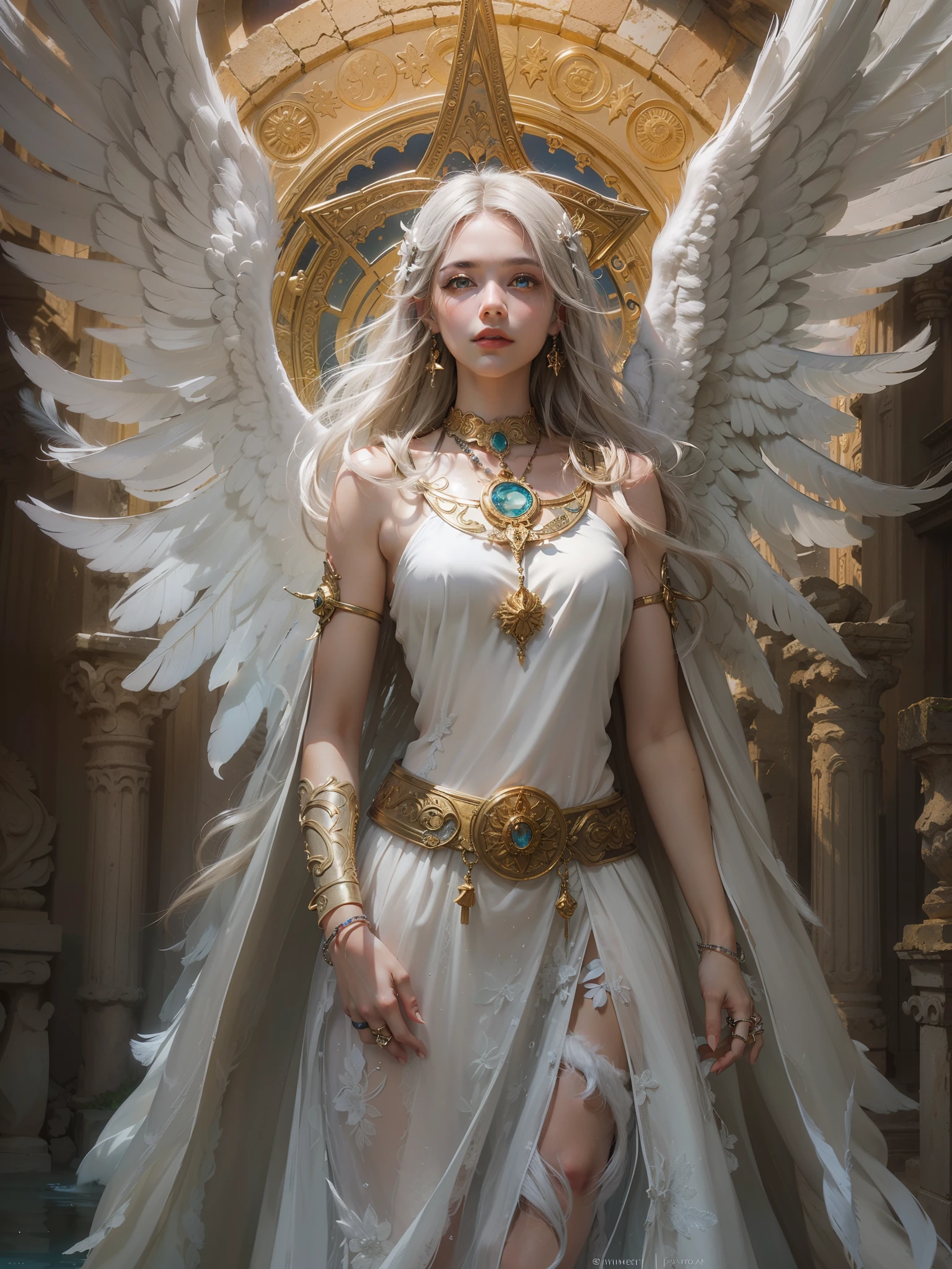 (Number of award-winning masterpieces々, incredibly detailed, Texture and maximum detail), ((Full body standing image)), (hyper realistic:1.4), (realistic:1.3), (upper body up:0.3), (Highest quality realistic textured skin), (Precise, perfect circles, beautifully drawn symmetrical eyes,) (Ring of divine radiance overhead:1.5), ((medieval world)), ((((black angel of the lord, white angel of the lord)))), ((full body portrait)), (beautiful and gentle eyes), (she has a mischievous smile on her face), (Beautiful colored eyes full of compassion), Shining majestic clouds and sky, (halo optical phenomenon), (angels dancing in the background), (dramatic light), (majestic sight), (Her gentle and gentle expression is so beautiful), ((Big wing old wing with pure white feathers behind the shoulders))), glass earrings in the ears, (((dramatic photos))), (twilight), (sunset), (evening), (sacred pose), (golden hair), (silver hair), (chestnut hair), short cut hair, ((look up)), ((look down)), ((gives Full body standing image)), (Around her neck is an elaborately crafted necklace.), Old ruins overgrown with plants, great temple, Cathedral, temple ruins, detached temple, (Shining magic circle), ruins of an ancient castle, desolate ruins, crumbling ruins, Ancient ruins with clear water flowing through it, wavelet, water flowing, holy light, epic realistic, ((neutral color)), (HDR:1.5), (calm colors:1.2), very detailed, cinematic, warm light, dramatic light, (intricate details:1.1), complex background,