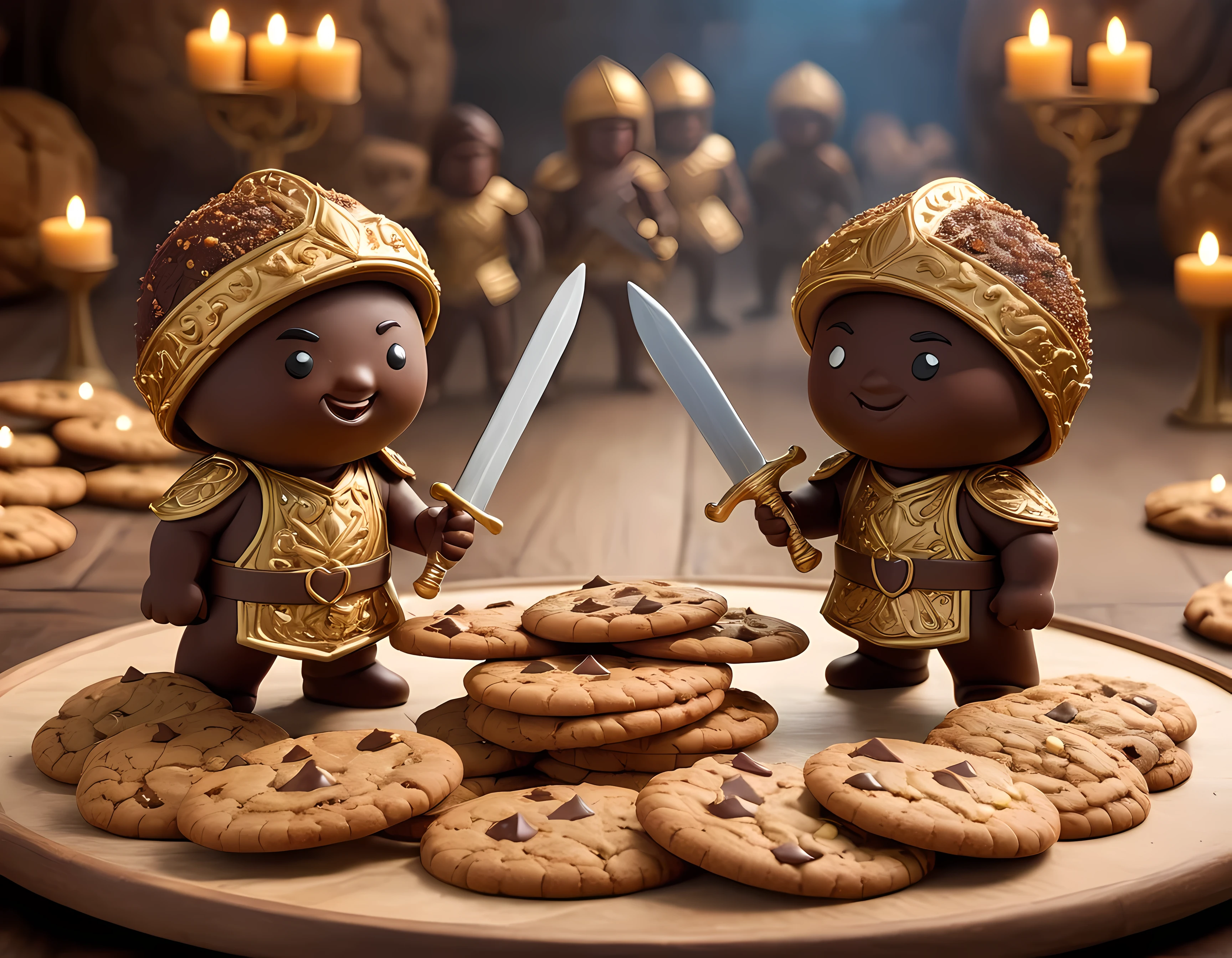 Masterpiece in maximum 16K resolution, superb quality, a dynamic and detailed scene in a grand arena where two cookie warriors, one with a sugar sword and the other with a graham cracker shield, face each other in an intense final showdown, the warriors adorned in chocolate and sprinkle armor, exude determination as they prepare to engage in combat amidst a vibrant and bustling candy-filled arenam dramatic lighting, intricate details of the cookies and their surroundingore_Detail))
