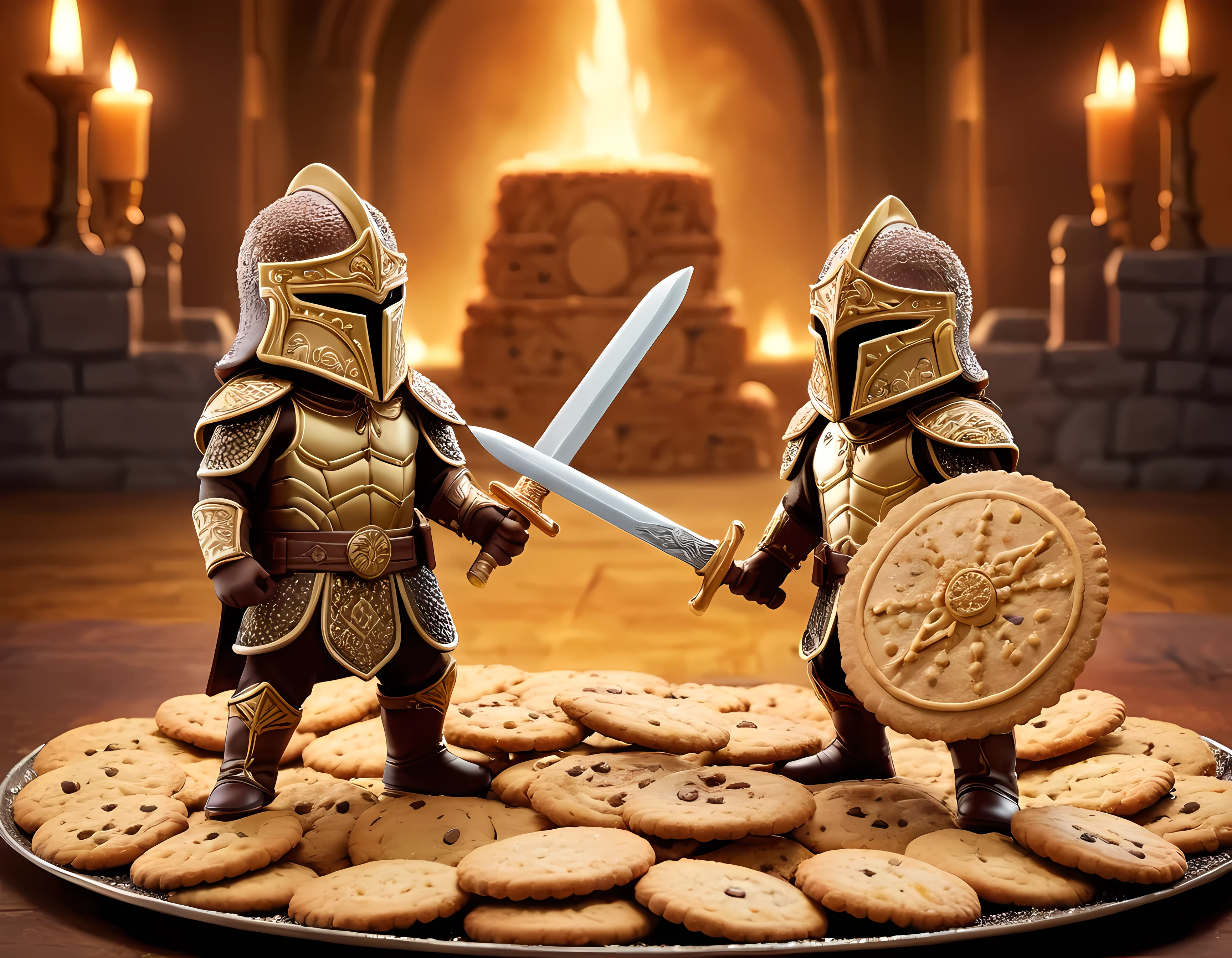 Masterpiece in maximum 16K resolution, superb quality, a dynamic and detailed scene in a grand arena where two cookie warriors, one with a sugar sword and the other with a graham cracker shield, face each other in an intense final showdown, the warriors adorned in chocolate and sprinkle armor, exude determination as they prepare to engage in combat amidst a vibrant and bustling candy-filled arenam dramatic lighting, intricate details of the cookies and their surroundingore_Detail))