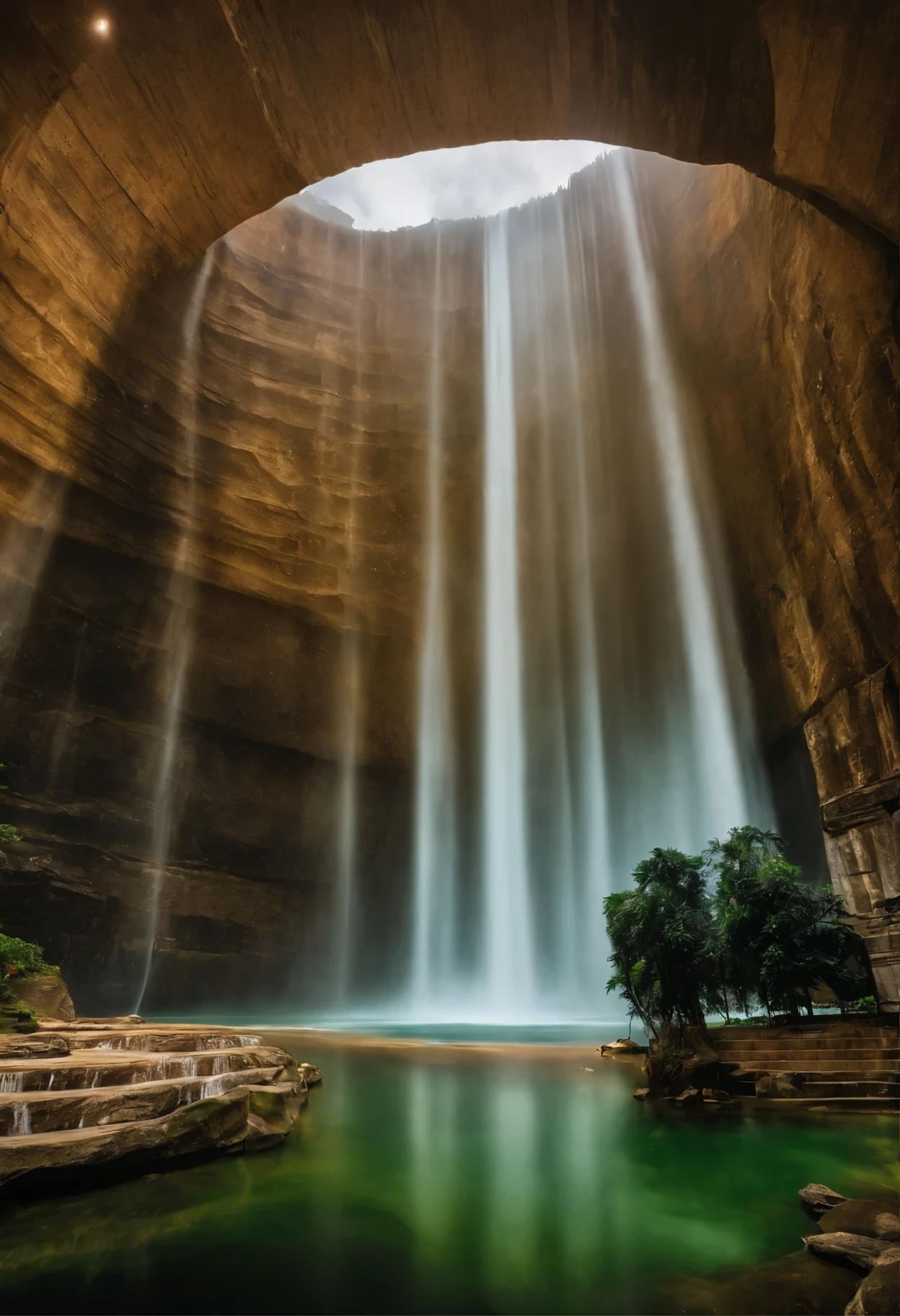 huge water curtain、Huge water curtains on both sides、symmetrical water curtain、600,000 people walk between the water curtains