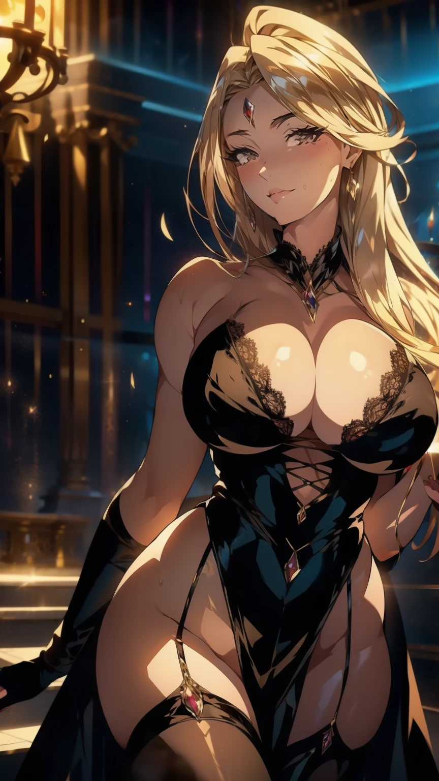 ((erotic masterpiece)), ((breathtaking)), a captivating and stunning blonde-haired witch, dressed in a seductive black lace gown, enchanting figure, heart-shaped face and an hourglass body, exudes sultriness in her solo pose, long parted hair flows elegantly, holds a shining fireball in her hand, in a dynamic pose, cinematic lighting, hires, volumetric lighting, lights and shadows, backlit, 18+, (anime:1.3)