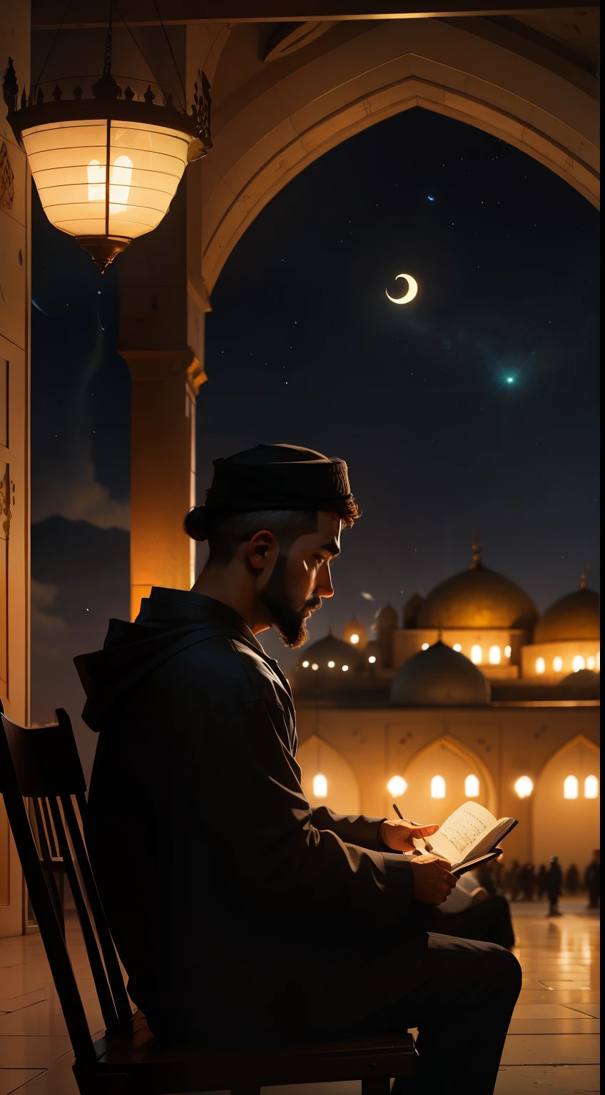 a men recite quran by seating in a large masjid, night,neon, crescent moon showing, realistic