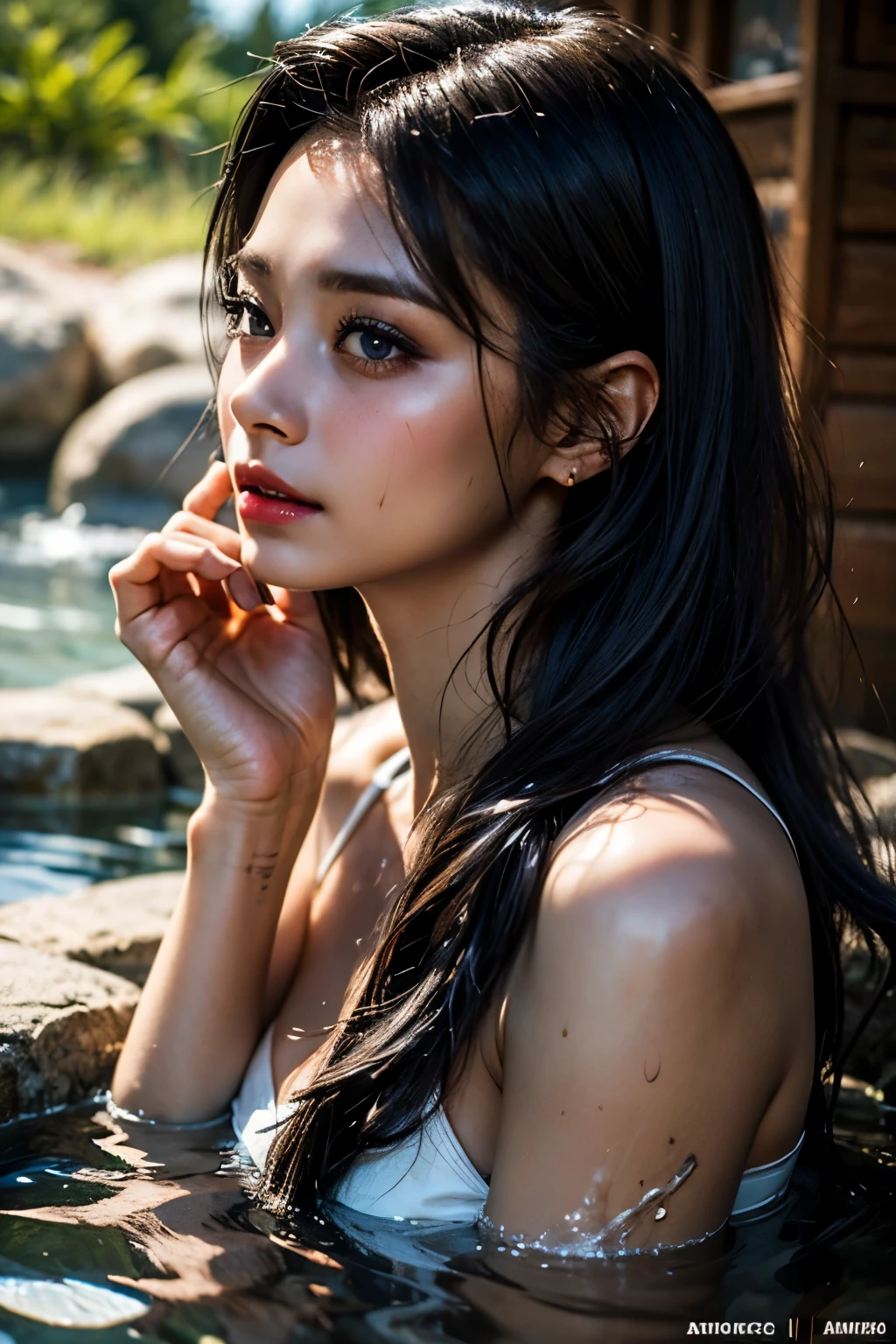 "({{1girl:1.1}} {{straight black hair:1.2}}), (artistic + masterpiece:1.4), (incredibly detailed eyes), brown skin, wearing medieval clothes)", Female, Drenched hair,The background is a hot spring,Lazy expression
