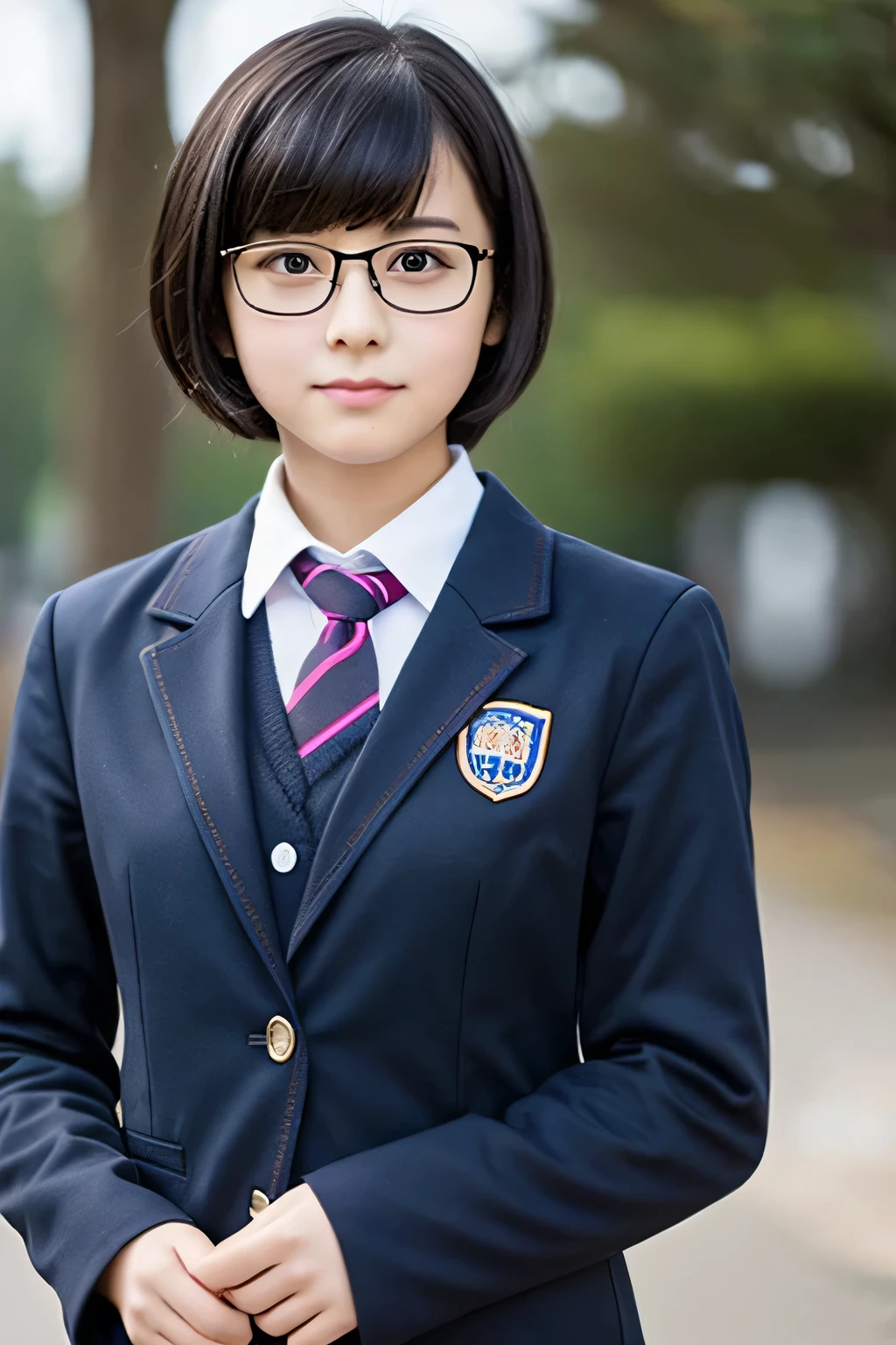 highest quality, girl, high school student, short hair, black hair, black rim glasses, school uniform, blazer, No expression,