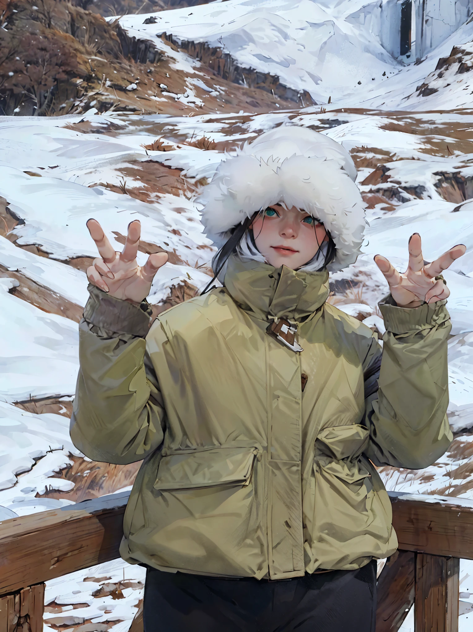 wearing green jacket、Chinese woman wearing hat leaning on wooden railing, in the snow mountains, only snow i the background, cold as ice! 🧊, in snow, (3 are winter, in the mountains, in the snow, cold,, Dilireba, Inspired by Ma Yuanyu, (snow),Beautiful facial features