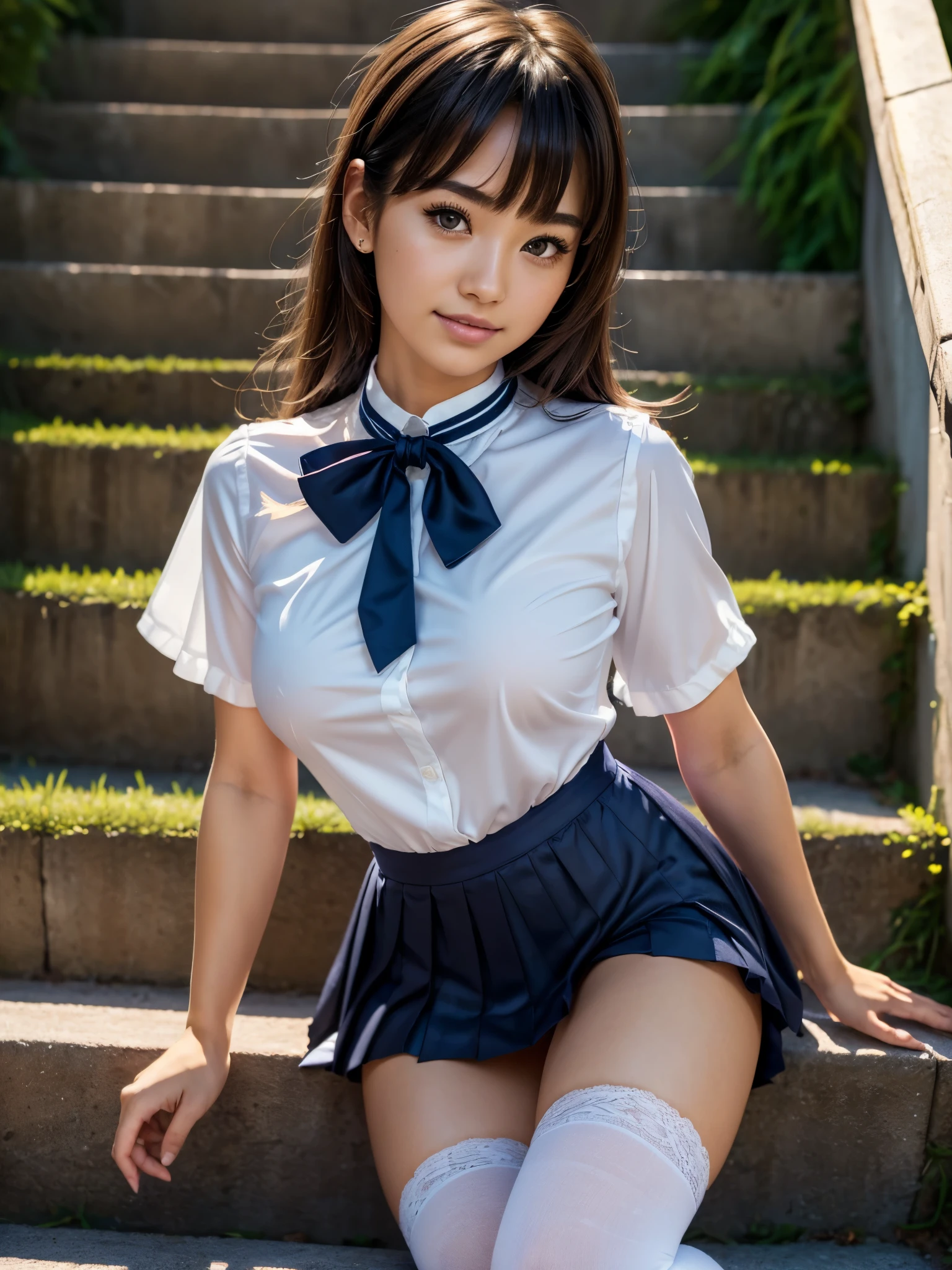 (masterpiece:1.3), (8K、photorealistic, Raw photo, best quality:1.2), (solo), (1 girl), (so beautiful:1.3), ((very beautiful 18 year old japanese girl)), (Symmetrical perfect face), (beautiful brown hair, bangs), hair is messy, (intense black eyes, strong eye highlights, realistic eyes, beautiful eyelashes), (wonderful smile, cheeks are red), (Accurate and natural normal size breasts), perfect anatomy, (high detail skin: 1.2), Photorealistic anime girl rendering, Realistic anime 3d style, dynamic angle, perfect body, (sailor suit), ((white short-sleeved shirt with a navy collar, girls high school uniform, Plain pleated skirt in dark blue, navy blue bow tie, white knee socks, black leather shoes)), (Luxury white silk bra and panties), accurate arm, five fingers, accurate legs, refreshing morning, (Beautiful Landscape Background), (Outdoor stairs in plateau tourist destination), Angle looking up from the bottom of the stairs, Very embarrassed, panic smile, turn around, leaning forward, ((The wind flipped my skirt and exposed my butt...................., think back, silk lace panties, shiny thighs)), volume lighting, soft light, bright, neon, Bright colors