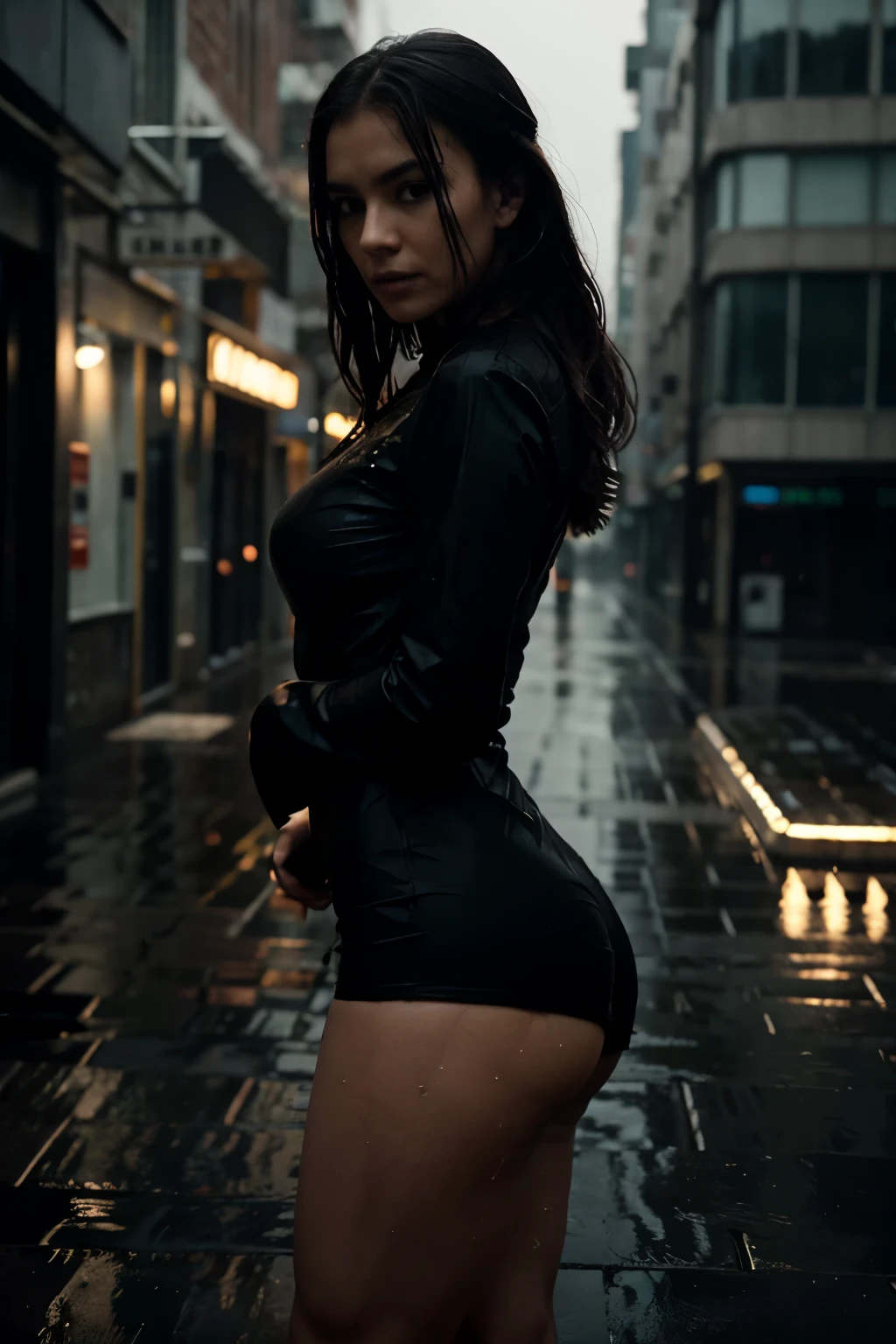 high resolution, ultra-detailed photograph of a solitary beautiful milf standing on the edge of a building, heavy rain pouring down, intense darkness, black tight mini dress, detailed facial expression, cinematic atmosphere, city lights reflecting on wet surfaces, dramatic shadows, silhouette against the urban backdrop, captured with professional DSLR camera, trending on Artstation, 64k resolution, ultra-accurate details, bokeh lighting, surrealism, intricate, captured by renowned photographer, dark and moody ambiance, isolated figure, captivating rain-soaked environment.