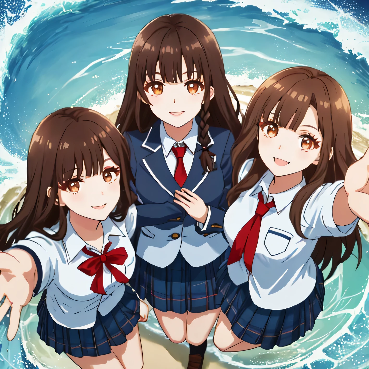 highest quality, (masterpiece:1.2), very detailed, Four smiling girls jumping out of a dark hole, Glossy lips that make you want to kiss, nice smile, brown eyes, (((dark brown hair))), , shiny long wavy hair, school uniform, Dark blue and navy plaid skirt, middle long skirt, white shirt, Luxurious navy blazer with a golden patch on the left chest, big school ribbon tie, very shiny hair、laughter、bright look、Your face and hair shine in the light, The corners of the eyes are drooping, Cute braids, I'm so happy I can jump up, The expression of a maiden in love, (((wavy hair))), The long skirt fabric has a beautiful deep blue checkered pattern.., A gentle and cute expression staring at the viewer, double eyelid, ((long eyelashey lower eyelashes are also long)), shot from above