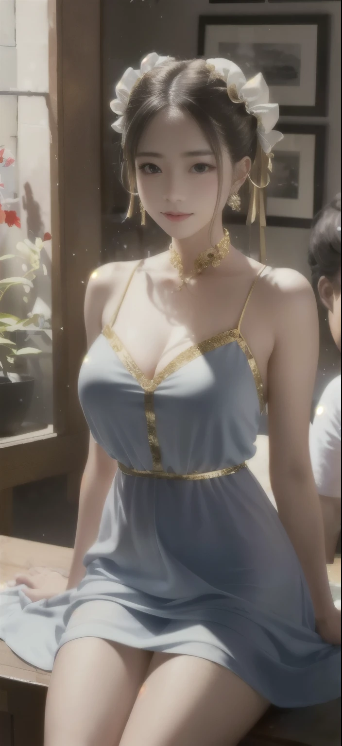best quality、masterpiece、Upper body、(adult:1.6) Hammu(grin:0.4)、arms behind head、Golden braid hair、shining eyes、victorian sundress、floating light particles、huge tit