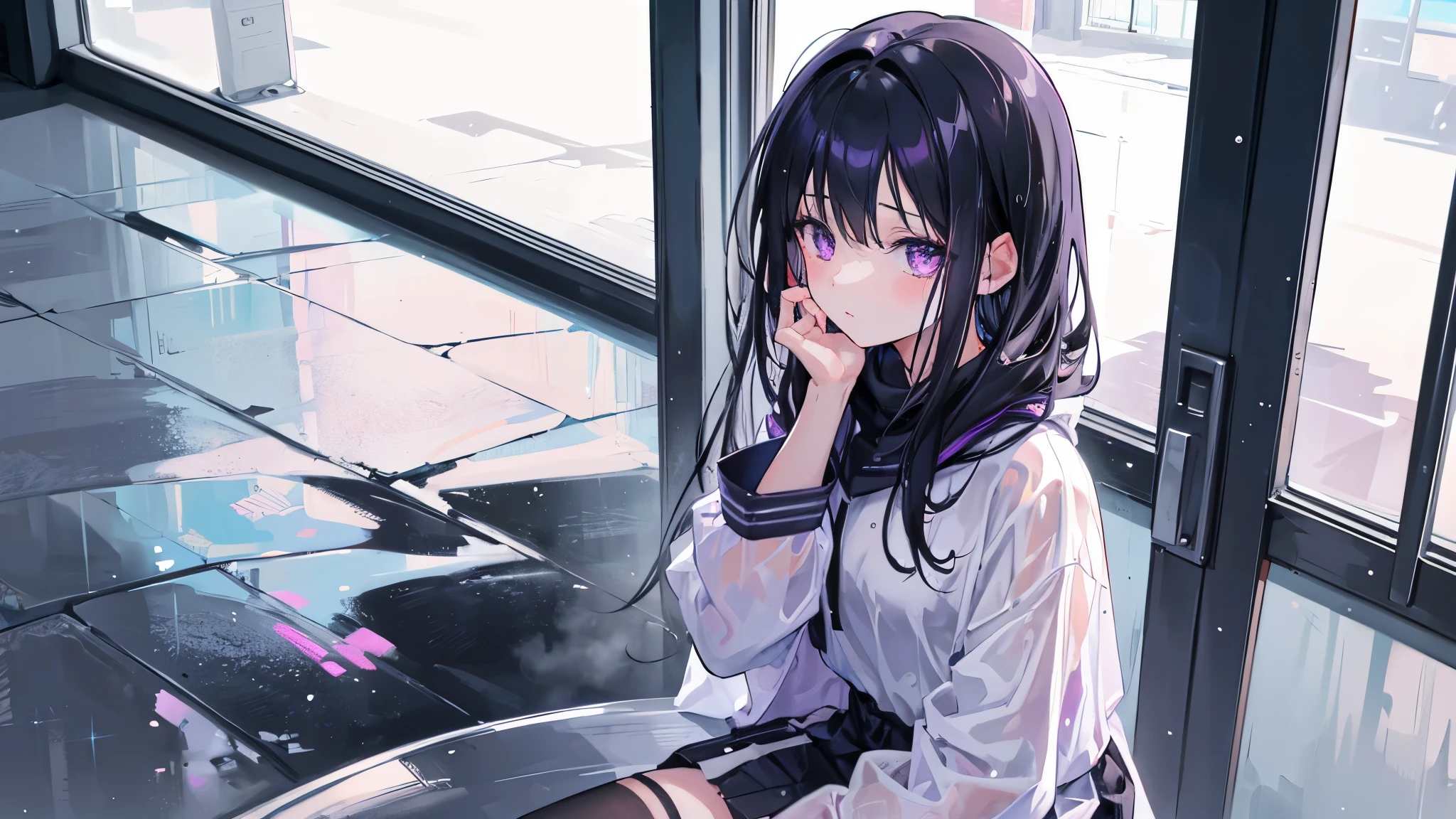 1 girl, Wet day, I&#39;m waiting but he doesn&#39;t come, woman looking far_face) anime girl, black hair, purple eyes
