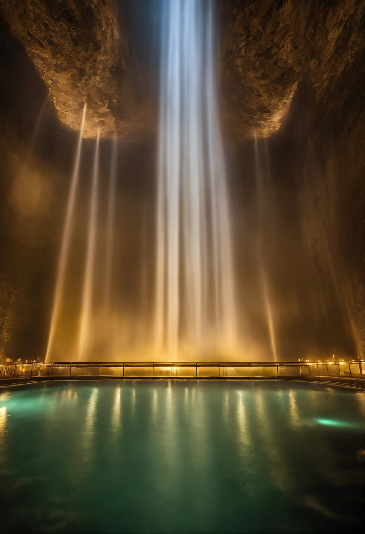 huge water curtain、Huge water curtains on both sides、symmetrical water curtain、600,000 people walk between the water curtains