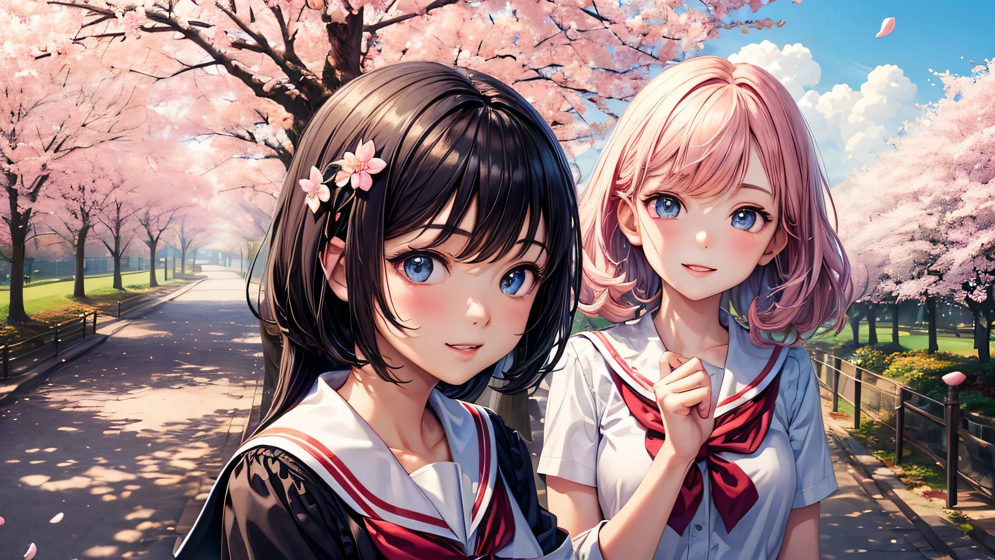 (2 girls:1.2), cute face, shining smile, short bob, (school uniform, mini skirt:1.2), (highest quality: 1.4), (Super detailed), (highest quality:1.4), (super detailed), (cherry blossomsのトンネル in full bloom, cherry blossomsのトンネル), road, Day光, cherry blossoms, cherry blossoms,  Sunny, cloud, Day,  blue sky, (anime illustration), very high resolution, (Upper body), close up face