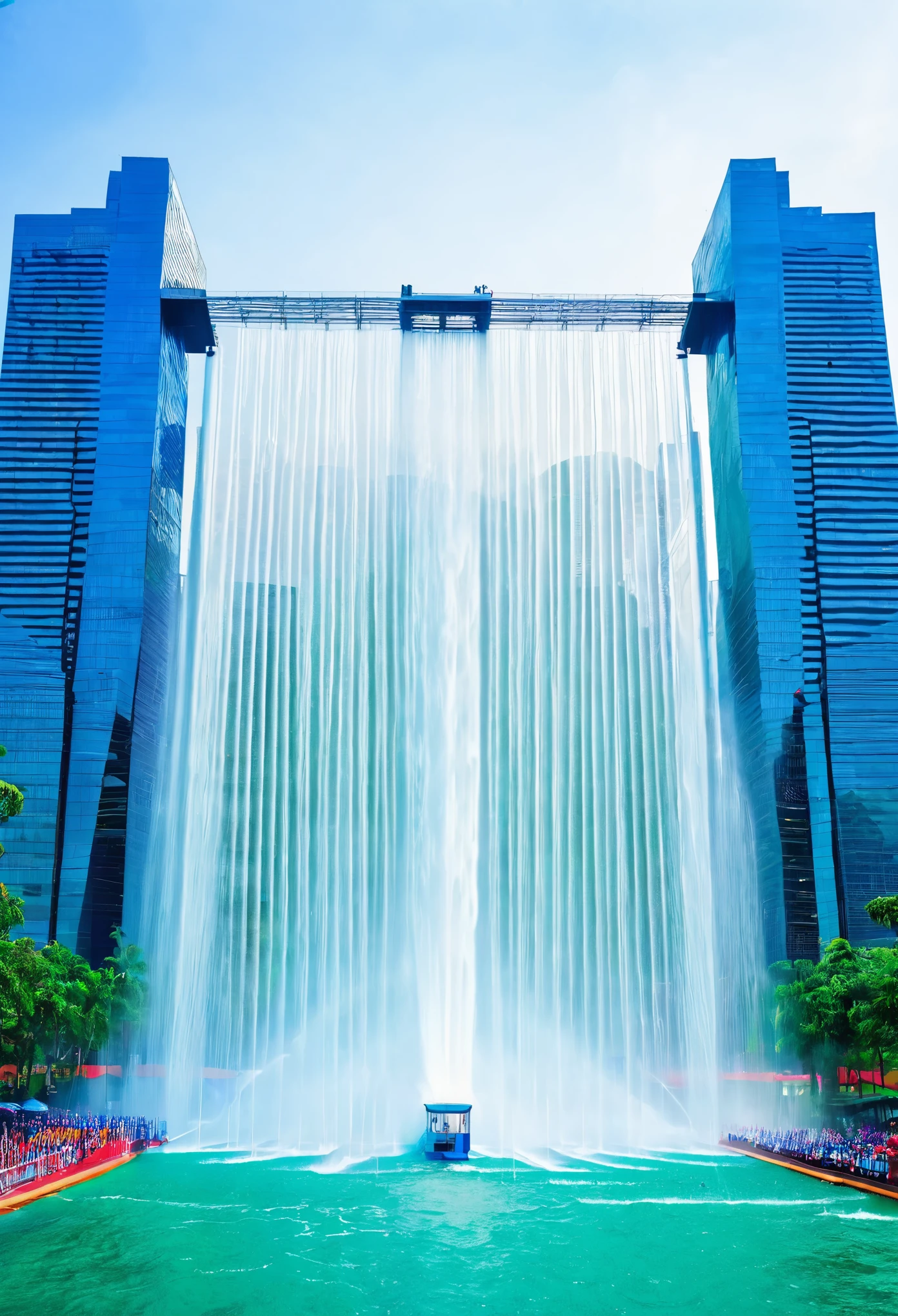 huge water curtain、Huge water curtains on both sides、symmetrical water curtain、600,000 people walk between the water curtains