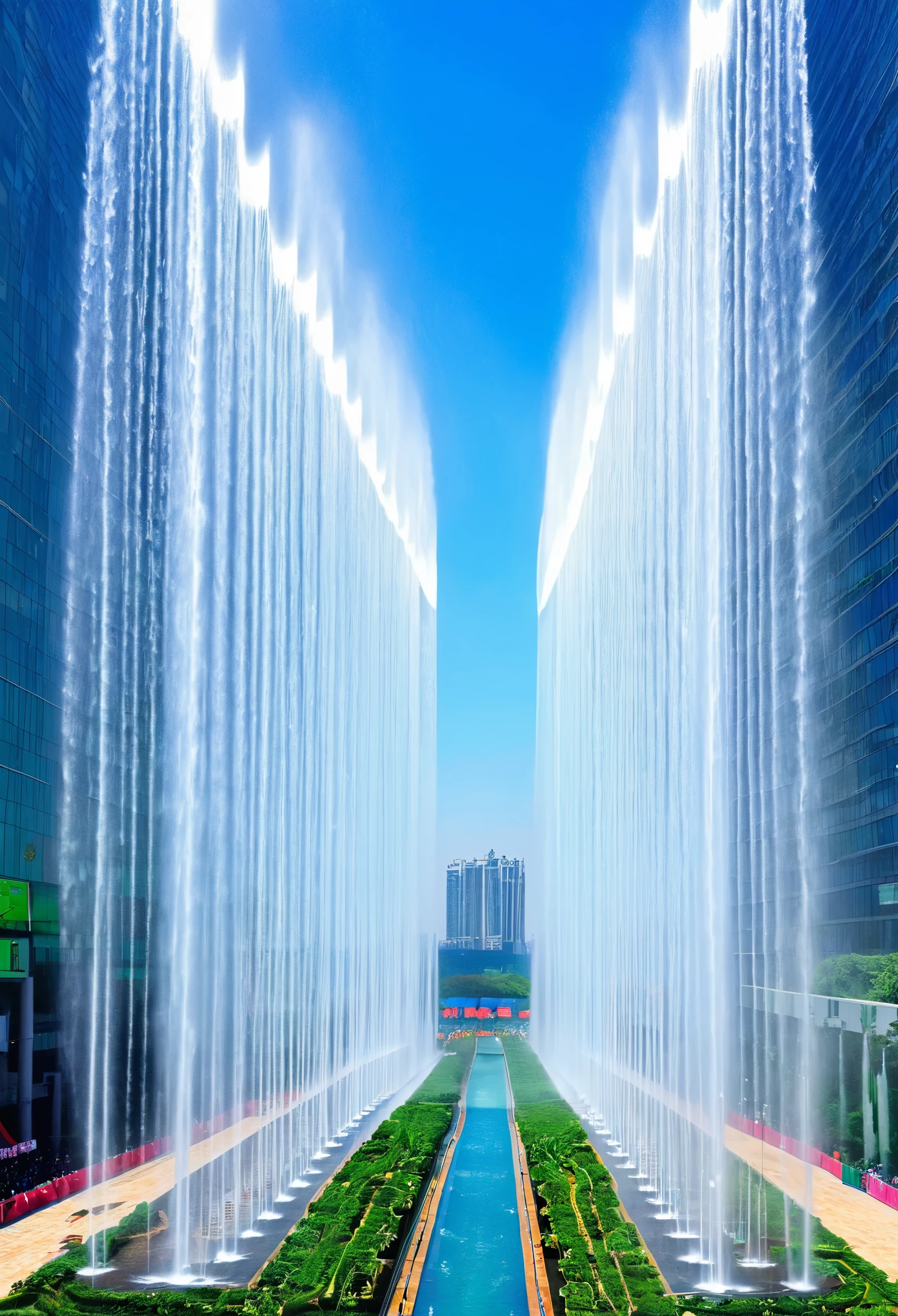 huge water curtain、Huge water curtains on both sides、symmetrical water curtain、600,000 people walk between the water curtains