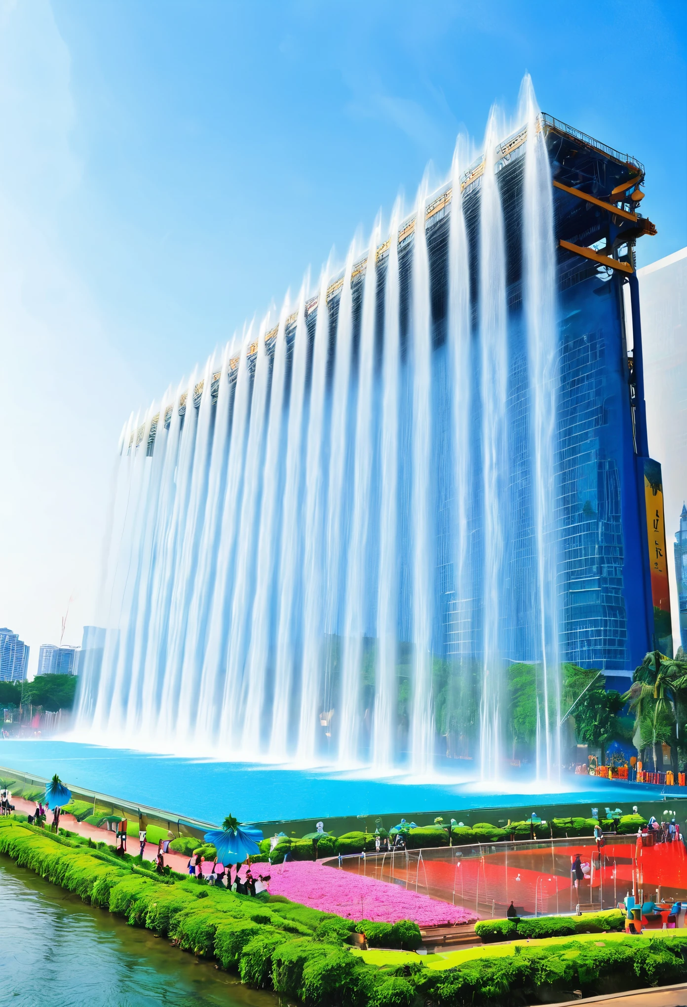 huge water curtain、Huge water curtains on both sides、symmetrical water curtain、600,000 people walk between the water curtains