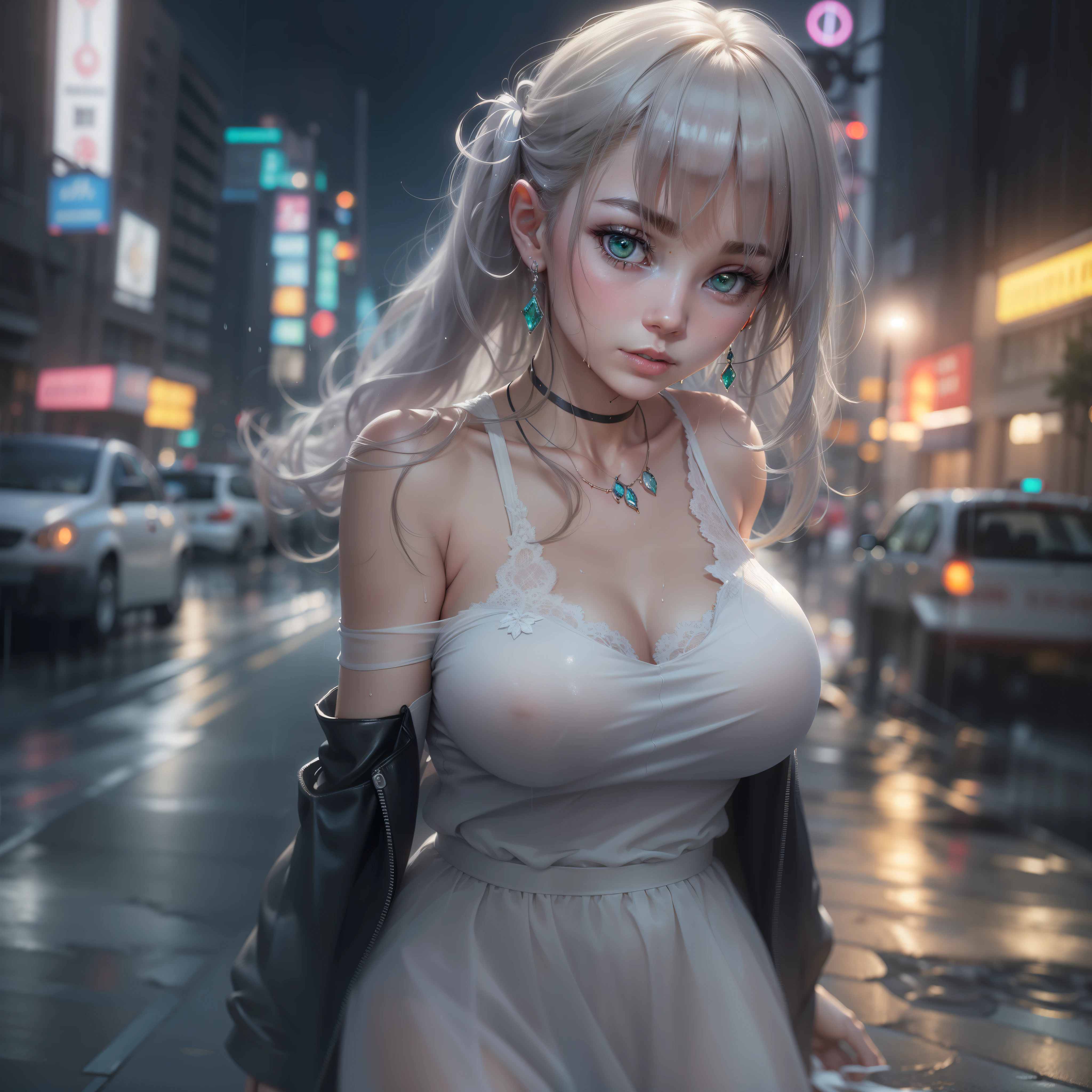 (standing on a dark road), (street light), (calm lighting), (night), random posture, (Very delicate and beautiful work), (masterpiece), 1 girl, girl in a white dress, very detailed, Leaky waist, Ponytail distortion, Charm外観, 透き通ったbeautiful瞳, green eyes, delicate necklace, delicate earrings, Fairy ears, simple blurred background, very detailed explanation, beautiful, Charm, Ultra-fine painting, delicate face, delicate figure, thin clavicle, nice lips, beautiful breasts, soft back, mix 4,(8k, RAW photo, highest quality, masterpiece: 1.2), (realistic, photorealistic: 1.37), 1 girl, cute, cityscape, night, rain, Wet, professional lighting, photon mapping, radio city, Physically based rendering,
