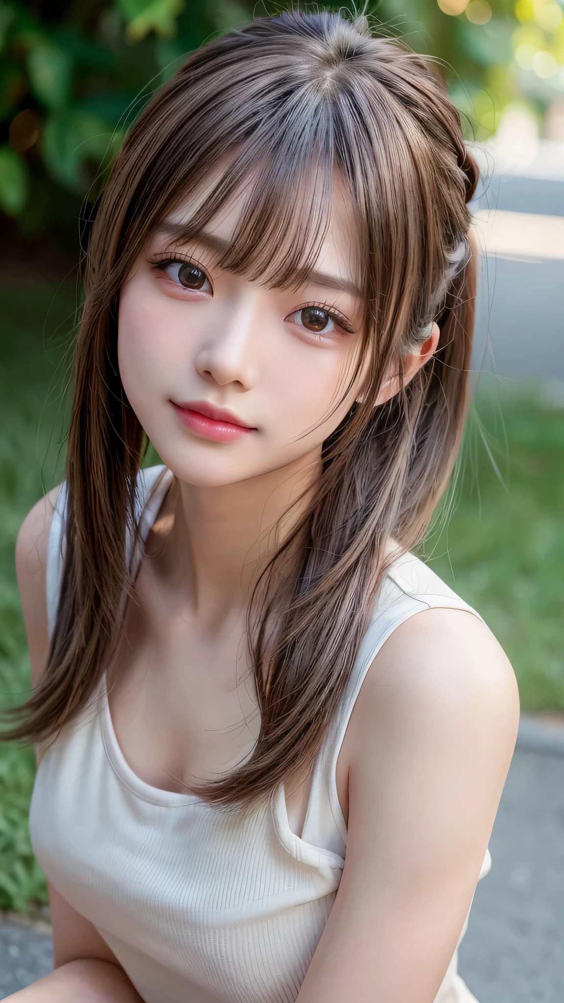 blush,14 years old,small breasts,long hair ponytail,outdoors,white t-shirt,denim overalls,close up of face,((8k, RAW photo, highest quality, pieces fly:1.2), (reality, realistic:1.4), (Highly detailed 8k wallpaper), written boundary depth, cinematic lighting, soft light, Details beauty eye,Shiny and smooth light brown ponytail, asymmetrical bangs, shiny skin, super dense skin ,High resolution, high detail, detailed hairstyle, detailed beauty face, hyper real, perfect limbs, perfect anatomy ,1 Japanese girl,famous japanese idol, perfect female body,shy smile,short eyelashes,double eyelid,look straight here,Hair style is ponytail,