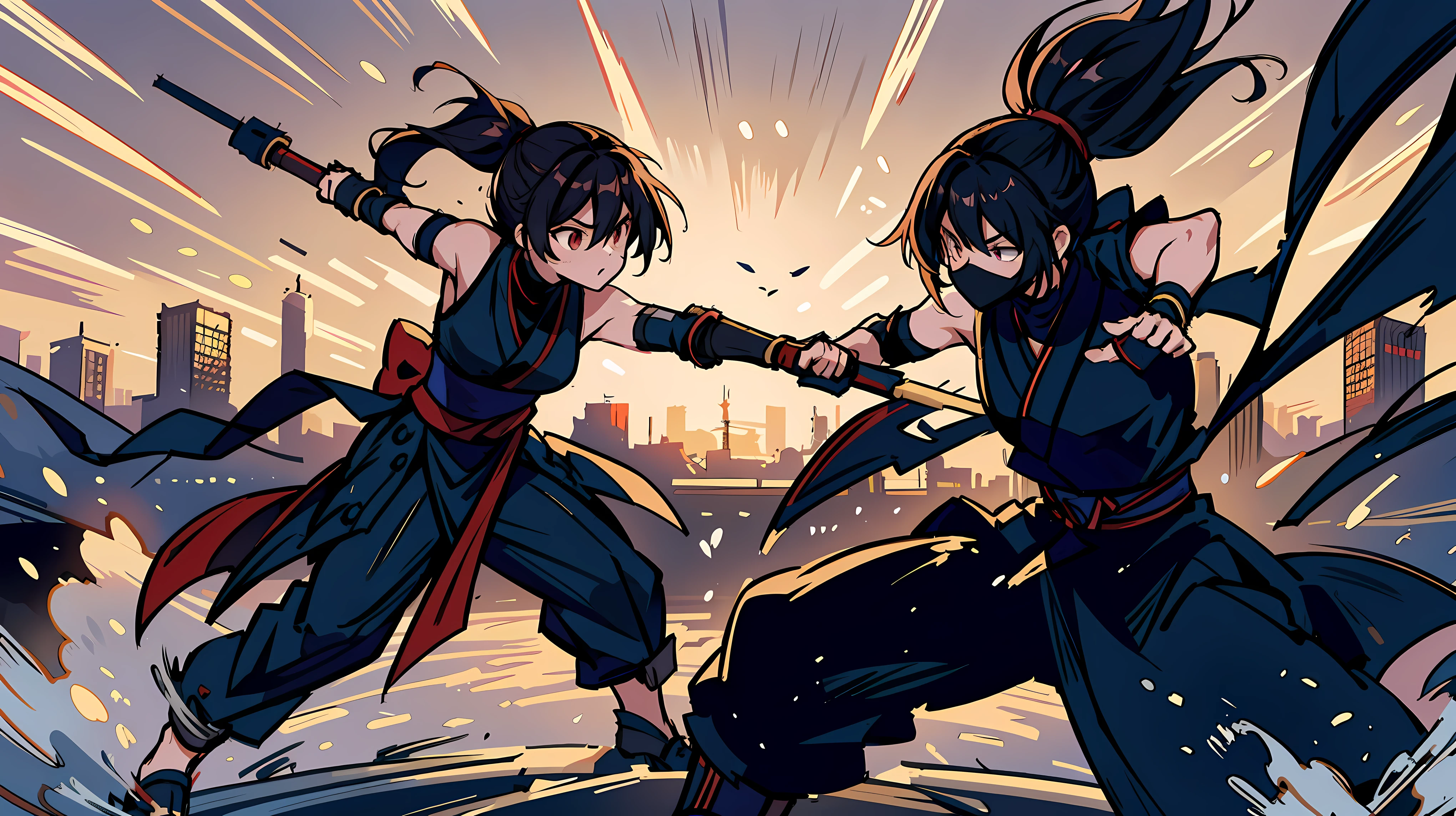 "Dynamic Anime Showdown: Female Masked Ninja Sunset Clash" | Generate an anime illustration depicting a dramatic and intense final showdown scene between two skilled female masked ninja. | Set the stage with a city skyline backdrop featuring tall, modern buildings silhouetted against a vibrant sunset sky. | Capture the atmosphere of adrenaline and suspense, emphasizing the high stakes of the battle as the ninja clash with all their skill and determination. | Ensure the image is high-resolution and of the best quality, striving to create a masterpiece that immerses viewers in the intensity of the moment. | Focus on dynamic poses and fluid motion as the ninja engage in their high-stakes battle, conveying the speed and power of their movements. | Utilize vivid colors and detailed linework to bring the urban landscape and characters to life, enhancing the visual impact of the scene. | Highlight the contrast between light and shadow in the sunset-lit skyline, adding depth and drama to the composition. | Convey the urgency and tension of the showdown through expressive facial expressions and dynamic camera angles, drawing viewers into the heart of the action. | Optimize the image for SDXL format, ensuring compatibility with digital display platforms while preserving the clarity and fidelity of the illustration. | Prioritize realism and authenticity in the portrayal of the ninja and their surroundings, creating a compelling visual narrative that captures the excitement of the moment.