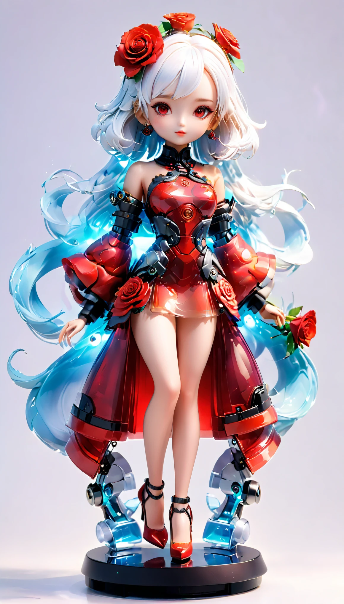 (Blind Box Spielzeug Stil:1.2),full body, solo,white background,(The future of robotic female robots，Beautiful girl face ,Stand on a round base，red rose  Transparency dress, high heels),(Oriental elements, Very colorful),3D