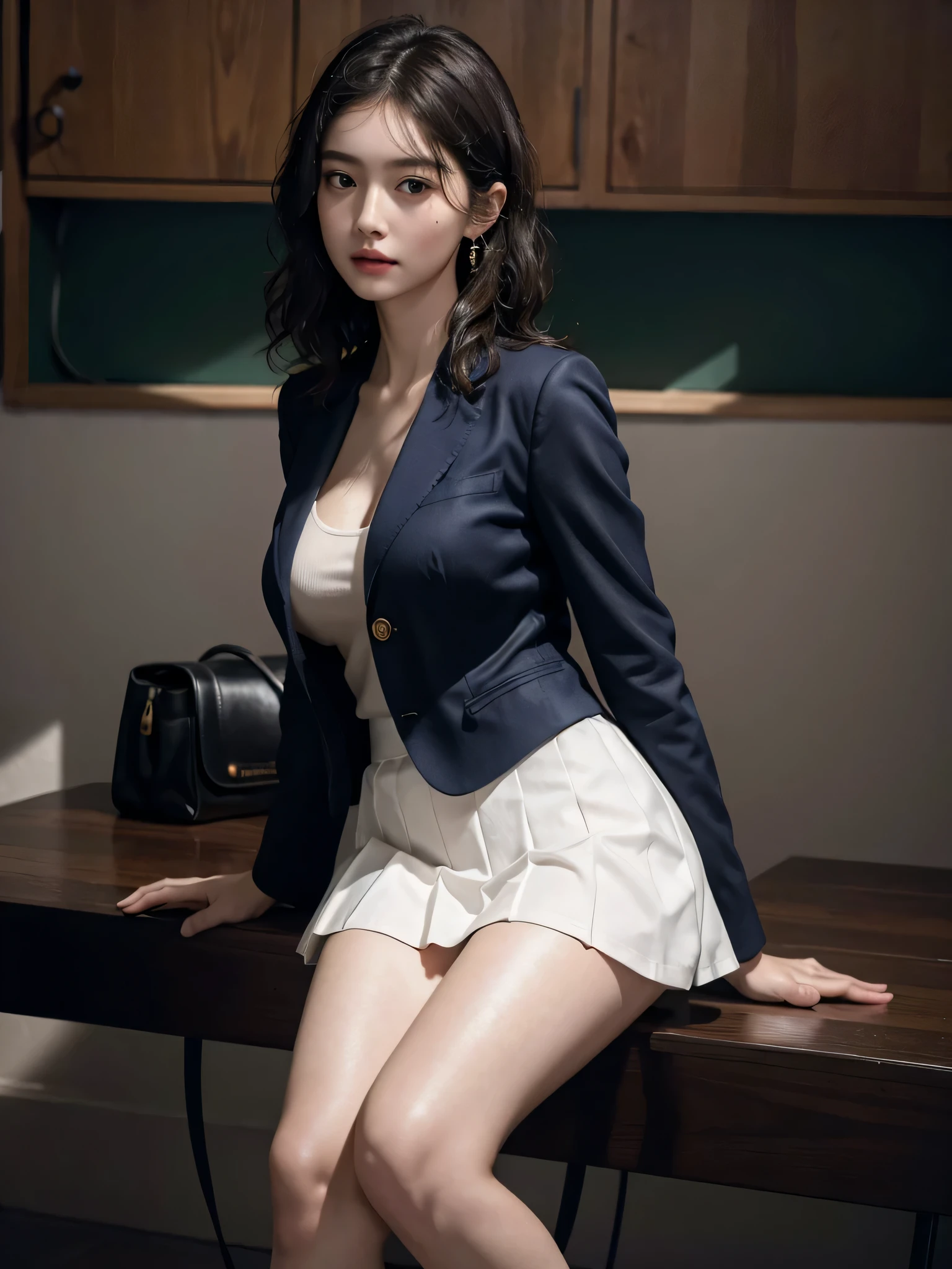 disorganized, RAW photo, very delicate and beautiful, masterpiece, highest quality, ultra high resolution, 32K, surreal, super detailed, perfect anatomy, perfect figure, super dense skin, Highly detailed CG 8k wallpaper, 20&#39;s, very slim body, tight waist, very small head, very small face, delicate facial features, tearful mole, earrings, thin legs, (very huge round breasts:1.2), full body shot, 1 girl, short hair, (wavy hair:1.2), (school uniform:1.2), (blazer:1.2), wet clothes,