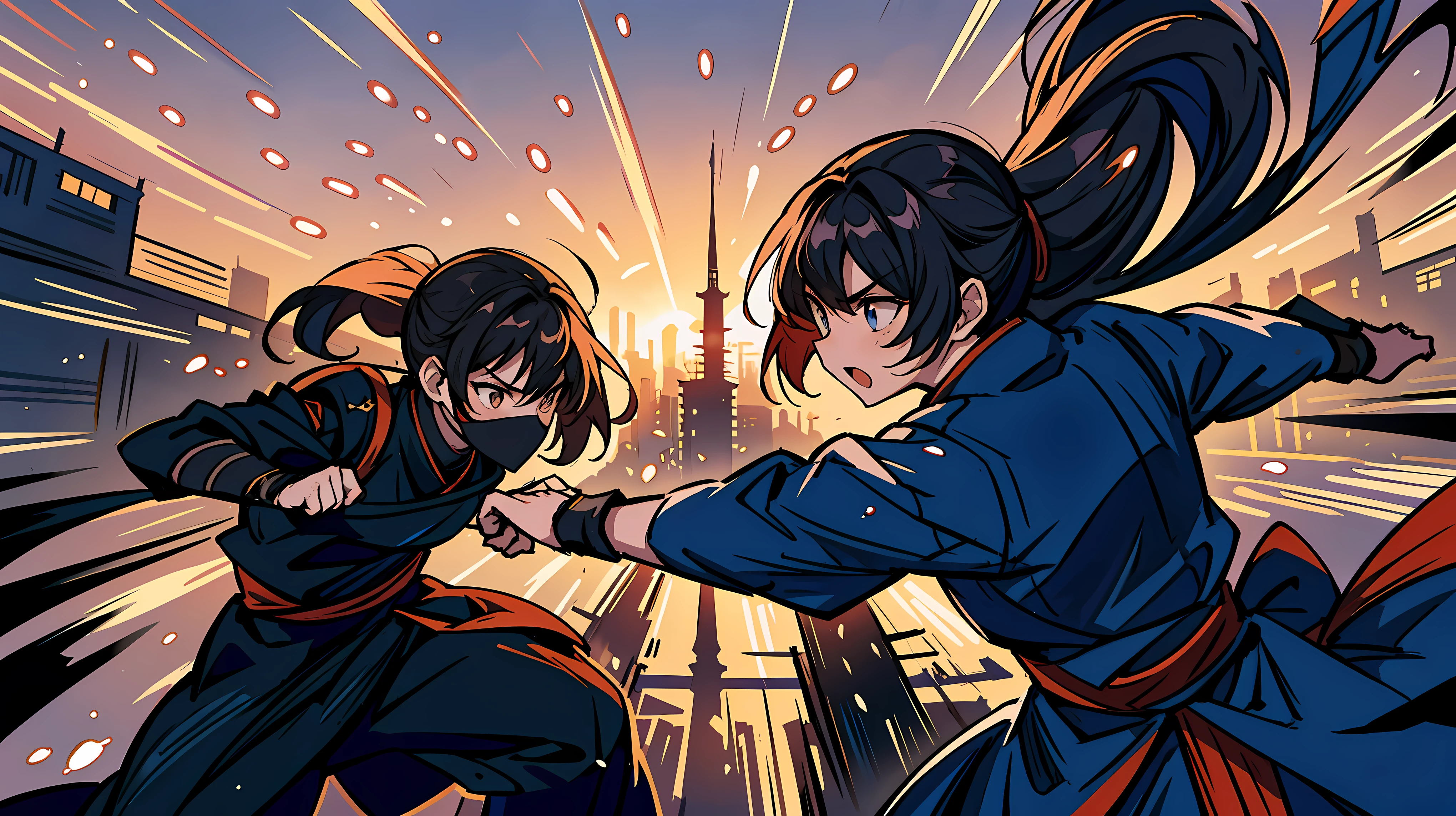 Title: "Dynamic Anime Showdown: Female Masked Ninja Sunset Clash"

Prompt:

1. Generate an anime illustration depicting a dramatic and intense final showdown scene between two skilled female masked ninja.

2. Set the stage with a city skyline backdrop featuring tall, modern buildings silhouetted against a vibrant sunset sky.

3. Capture the atmosphere of adrenaline and suspense, emphasizing the high stakes of the battle as the ninja clash with all their skill and determination.

4. Ensure the image is high-resolution and of the best quality, striving to create a masterpiece that immerses viewers in the intensity of the moment.

5. Focus on dynamic poses and fluid motion as the ninja engage in their high-stakes battle, conveying the speed and power of their movements.

6. Utilize vivid colors and detailed linework to bring the urban landscape and characters to life, enhancing the visual impact of the scene.

7. Highlight the contrast between light and shadow in the sunset-lit skyline, adding depth and drama to the composition.

8. Convey the urgency and tension of the showdown through expressive facial expressions and dynamic camera angles, drawing viewers into the heart of the action.

9. Prioritize realism and authenticity in the portrayal of the ninja and their surroundings, creating a compelling visual narrative that captures the excitement of the moment.