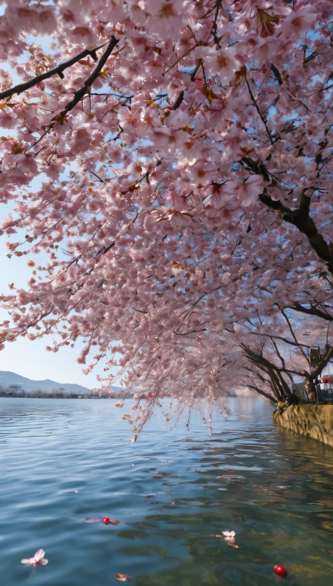 ((close-up perspective)),(best quality, masterpiece), spring,In nature,Cherry Blossom Tree Sea,lake,((远景环lake有很多茂盛的粉色樱花树)),Close-up of cherry blossoms,Pink petals fall on the water,outdoor,Sunlight,((depth of field)),((Super detailed cherry blossoms)), ((Ultra high detail petals)),32K resolution。(((no humans))),((no buildings))high detail, high quality, Ultra-detailed, ultra high definition, masterpiece, precise, best quality
