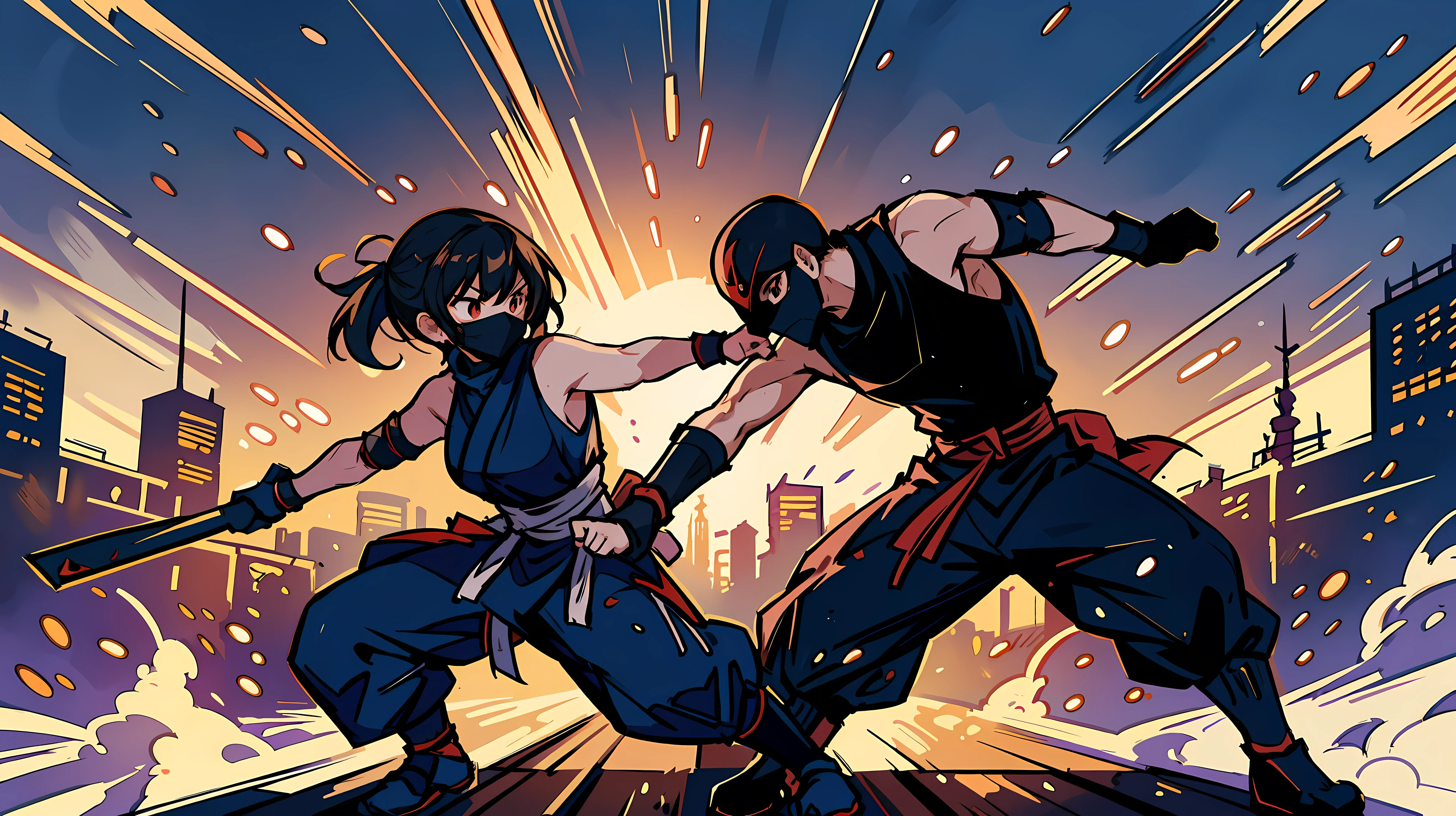 Title: "Dynamic Anime Showdown: Female Masked Ninja Sunset Clash"

Prompt:

1. Generate an anime illustration depicting a dramatic and intense final showdown scene between two skilled female masked ninja.

2. Set the stage with a city skyline backdrop featuring tall, modern buildings silhouetted against a vibrant sunset sky.

3. Capture the atmosphere of adrenaline and suspense, emphasizing the high stakes of the battle as the ninja clash with all their skill and determination.

4. Ensure the image is high-resolution and of the best quality, striving to create a masterpiece that immerses viewers in the intensity of the moment.

5. Focus on dynamic poses and fluid motion as the ninja engage in their high-stakes battle, conveying the speed and power of their movements.

6. Utilize vivid colors and detailed linework to bring the urban landscape and characters to life, enhancing the visual impact of the scene.

7. Highlight the contrast between light and shadow in the sunset-lit skyline, adding depth and drama to the composition.

8. Convey the urgency and tension of the showdown through expressive facial expressions and dynamic camera angles, drawing viewers into the heart of the action.

9. Prioritize realism and authenticity in the portrayal of the ninja and their surroundings, creating a compelling visual narrative that captures the excitement of the moment.