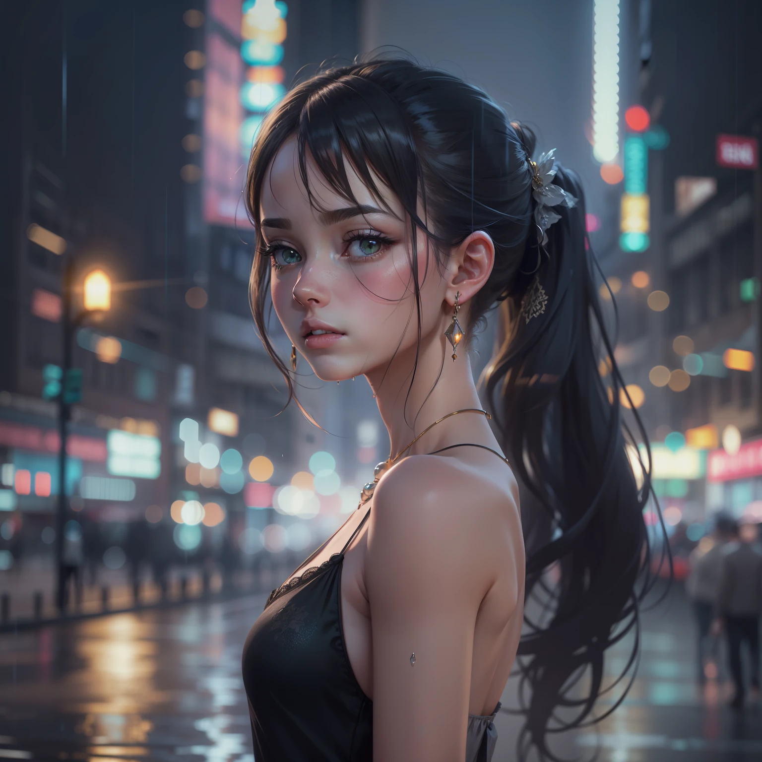 (standing on a dark road), (street light), (subdued lighting), (night), random posture, (Very delicate and beautiful work), (masterpiece), 1 girl, girl in a white dress, very detailed, Leaky waist, Ponytail distortion, attractive外観, 透き通ったbeautiful瞳, green eyes eyes, delicate necklace, delicate earrings, Fairy ears, simple blurred background, very detailed explanation, beautiful, attractive, Ultra-fine painting, delicate face, delicate figure, thin clavicle, nice lips, beautiful breasts, soft back, mix 4,(8k, RAW photo, highest quality, masterpiece: 1.2), (realistic, photorealistic: 1.37), 1 girl, cute, cityscape, night, rain, Wet, professional lighting, photon mapping, radio city, Physically based rendering,