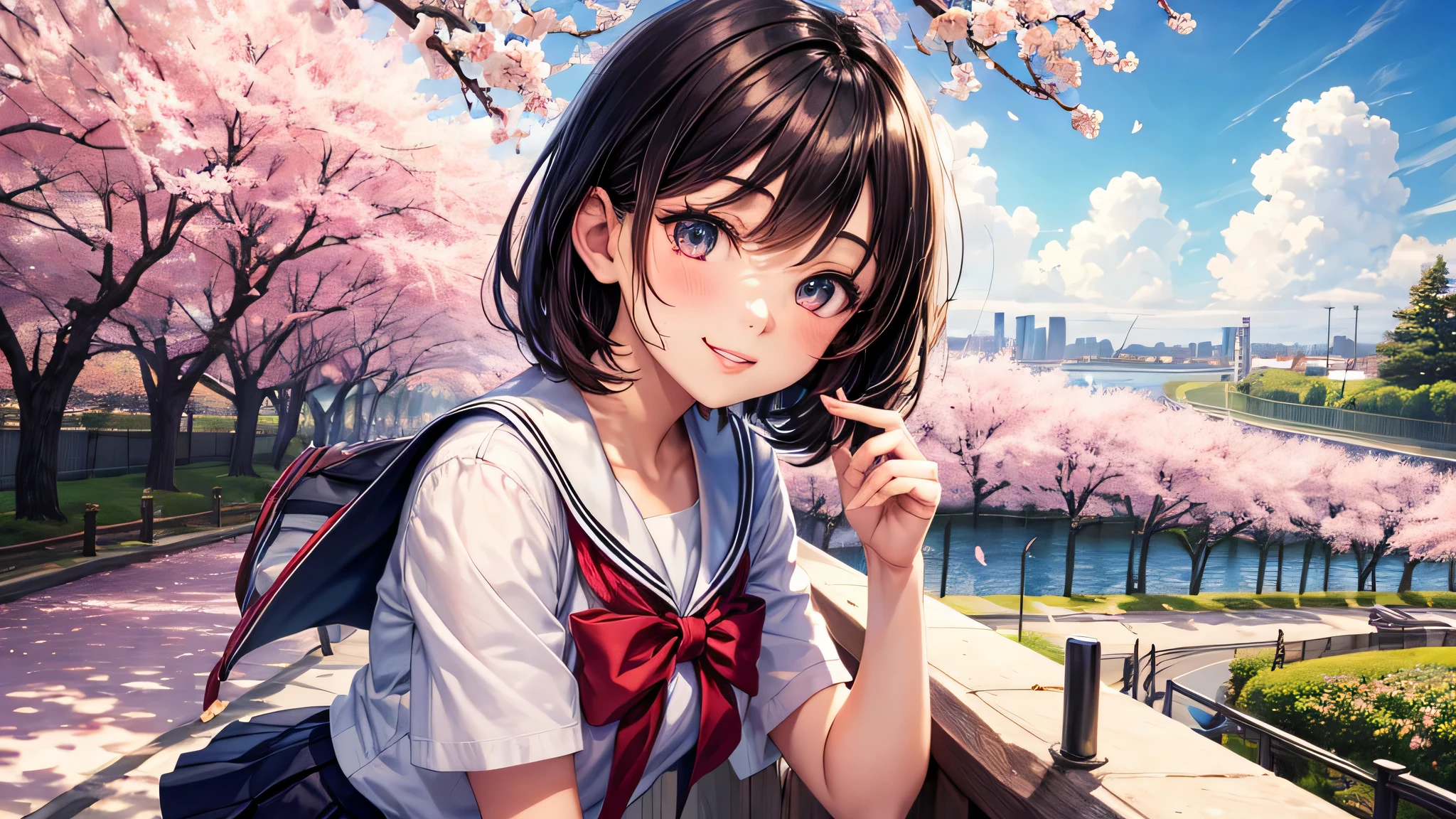 (2 girls:1.2), incredibly beautiful face,, shining smile, short bob, (school uniform, mini skirt:1.2), (highest quality: 1.4), (Super detailed), (highest quality:1.4), (super detailed), (cherry blossomsのトンネル in full bloom, cherry blossomsのトンネル), road, Day光, cherry blossoms, cherry blossoms, Sunny, cloud, Day, blue sky, (anime illustration), very high resolution, (Upper body), close up face